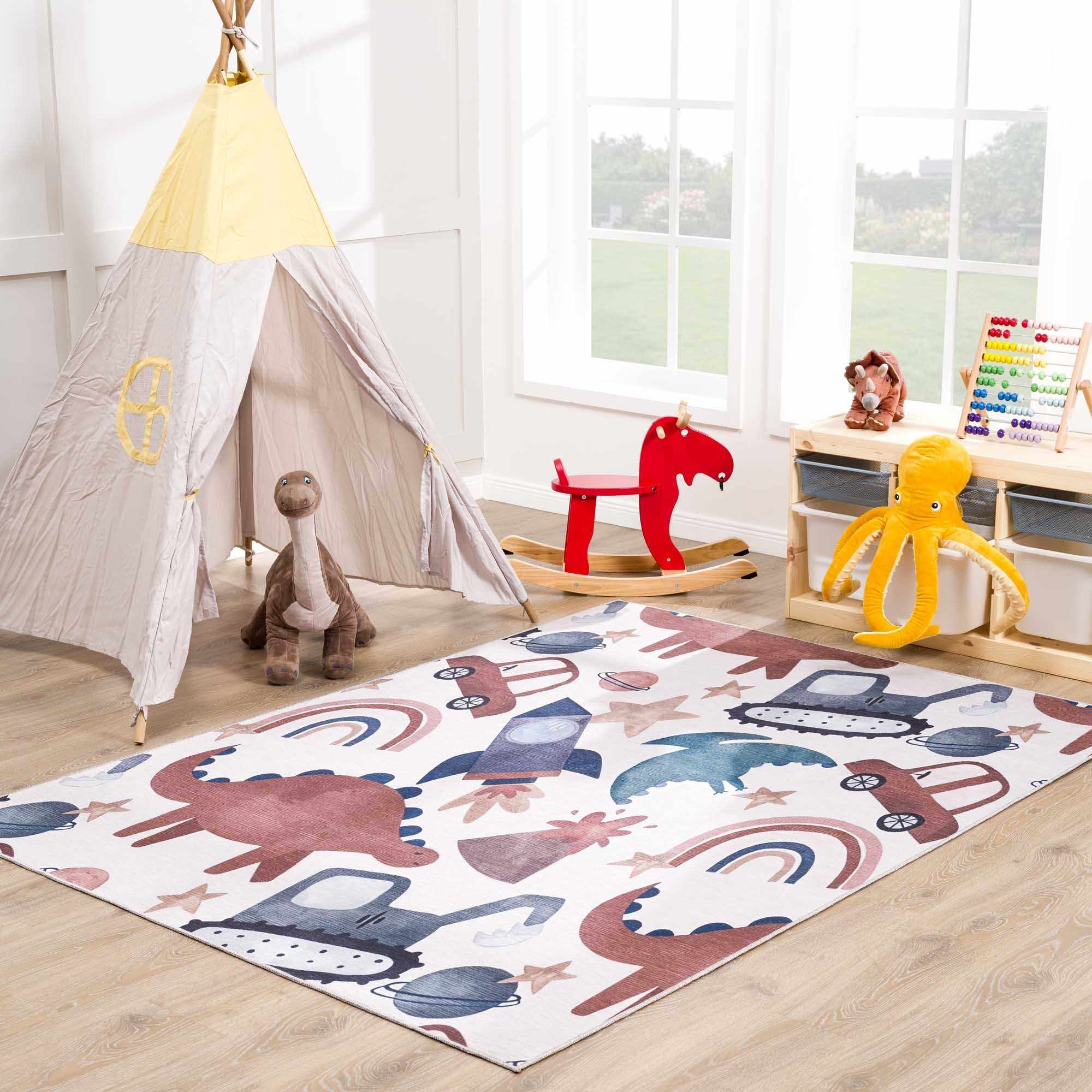 Playful Light Pink, Brown and Charcoal Washable Kids Rug with Cartoon Printed - Image 2