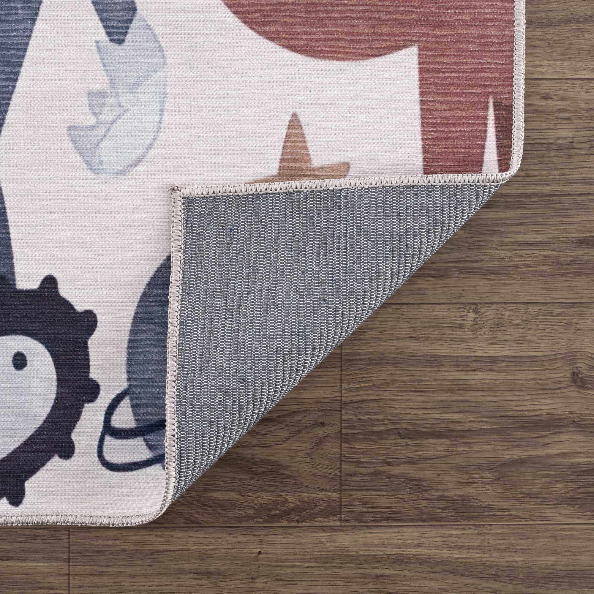 Playful Light Pink, Brown and Charcoal Washable Kids Rug with Cartoon Printed - Image 3