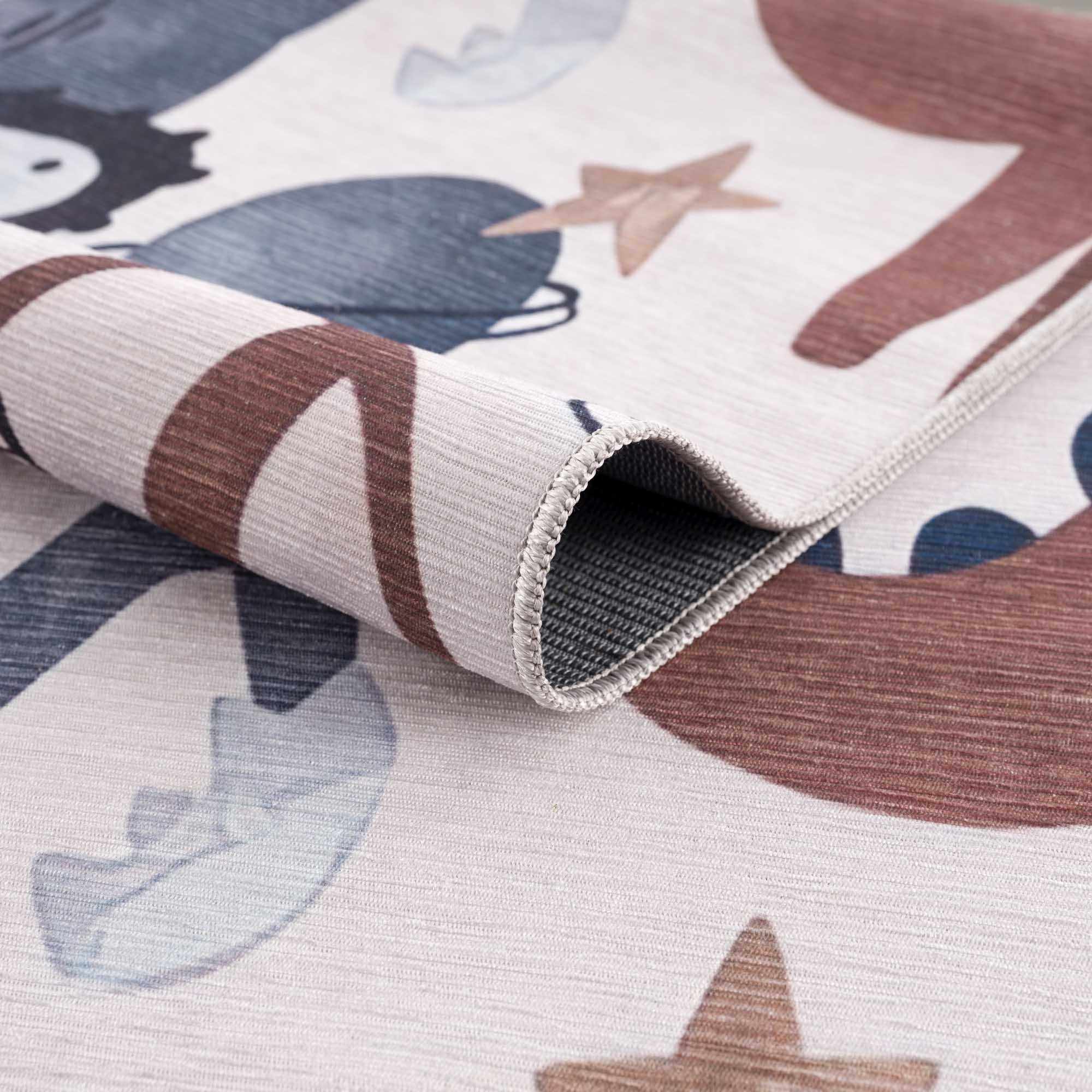Playful Light Pink, Brown and Charcoal Washable Kids Rug with Cartoon Printed - Image 4