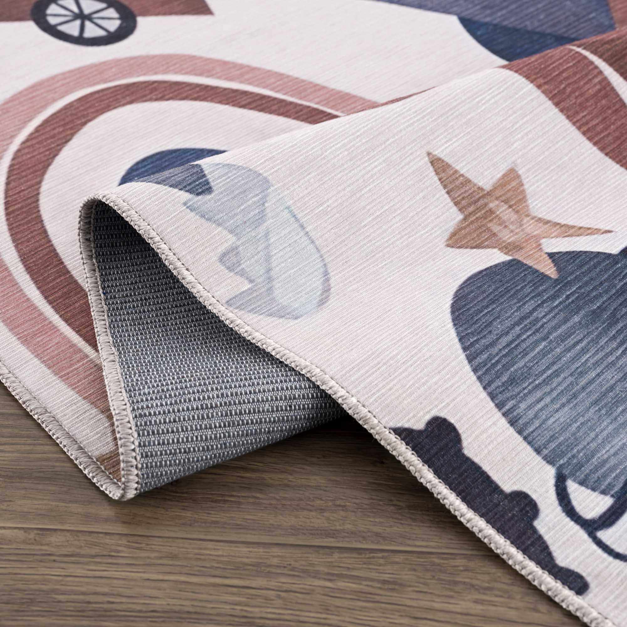 Playful Light Pink, Brown and Charcoal Washable Kids Rug with Cartoon Printed - Image 5