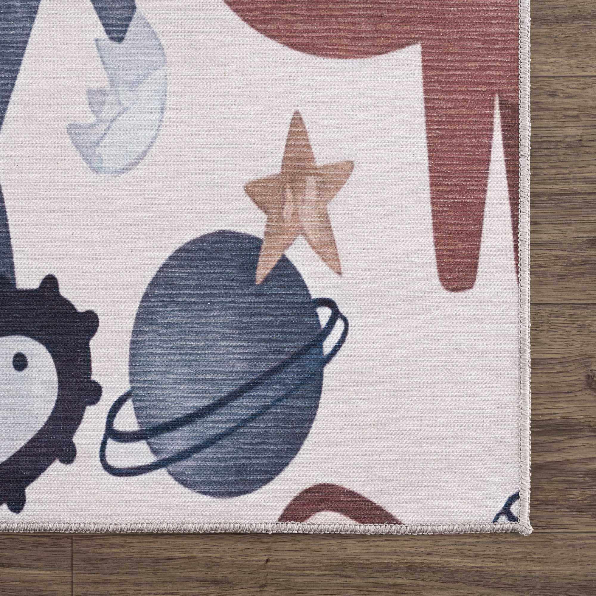 Playful Light Pink, Brown and Charcoal Washable Kids Rug with Cartoon Printed - Image 6