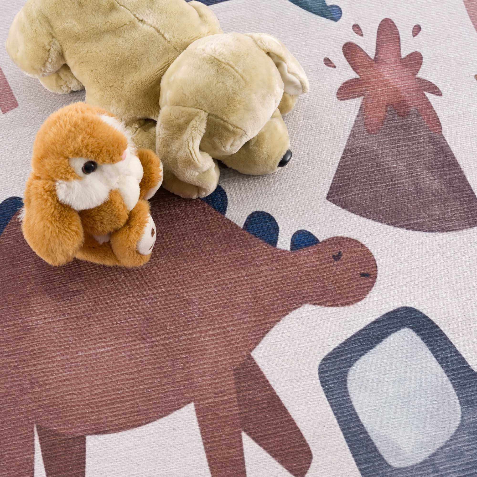 Playful Light Pink, Brown and Charcoal Washable Kids Rug with Cartoon Printed - Image 9