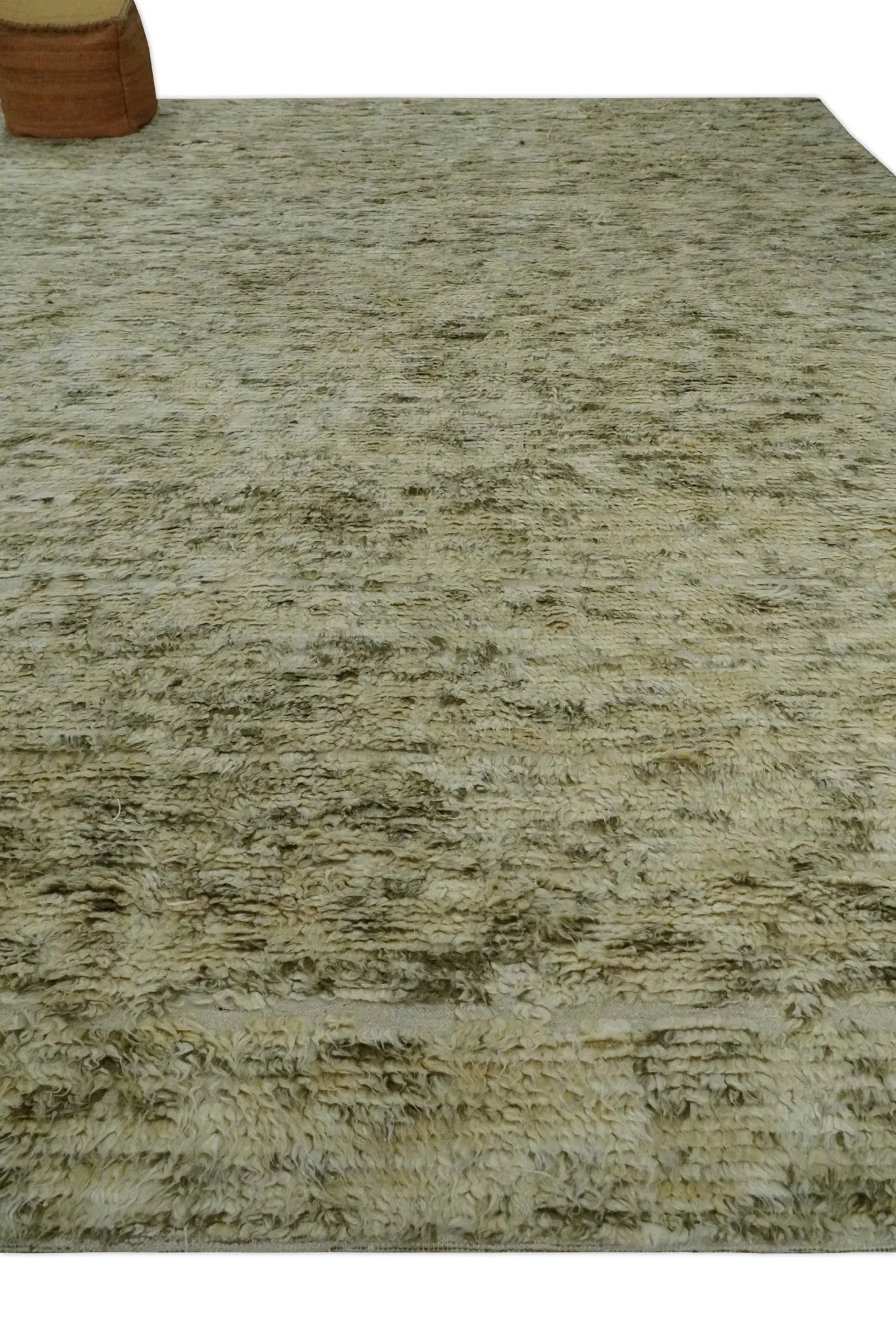 Plush Beni Ourain 12.5x15 Ivory and Moss Olive Moroccan Rug Made with fine Wool - Image 3