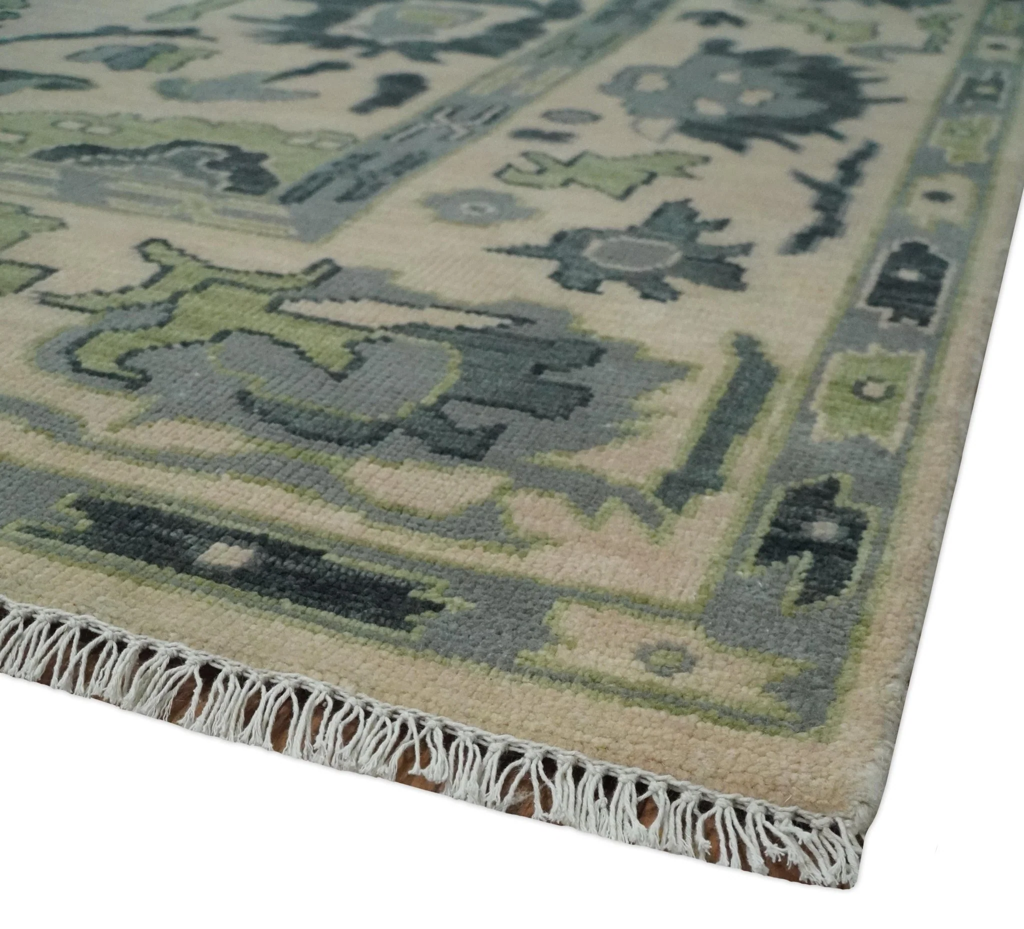Beige, Charcoal and Green Hand knotted Oushak Traditional Wool Area Rug - Image 5