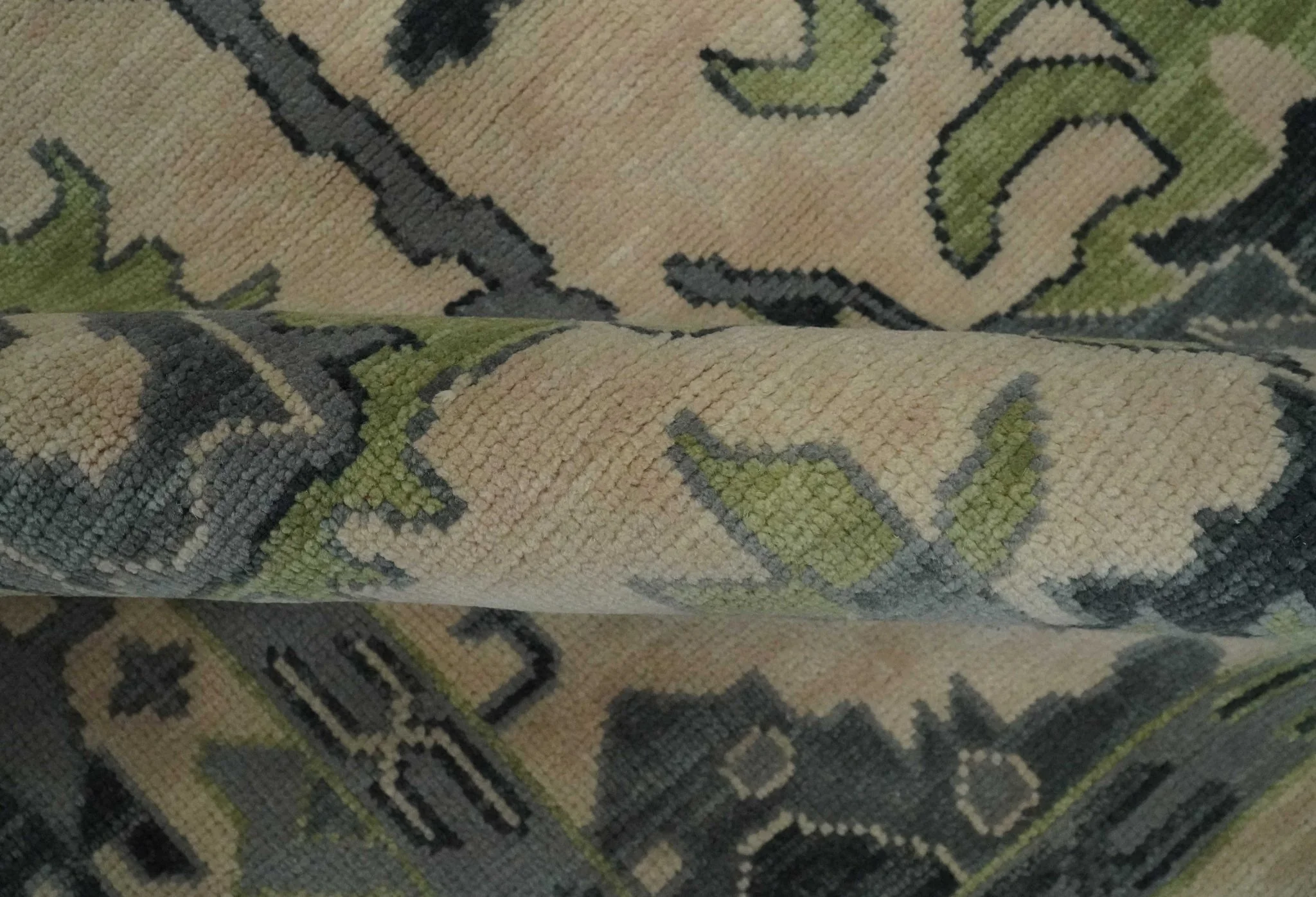 Beige, Charcoal and Green Hand knotted Oushak Traditional Wool Area Rug - Image 7