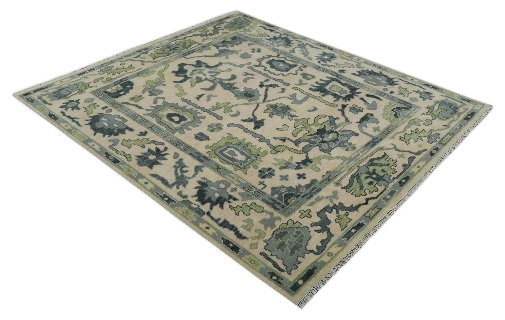 Beige, Charcoal and Green Hand knotted Oushak Traditional Wool Area Rug - Image 9