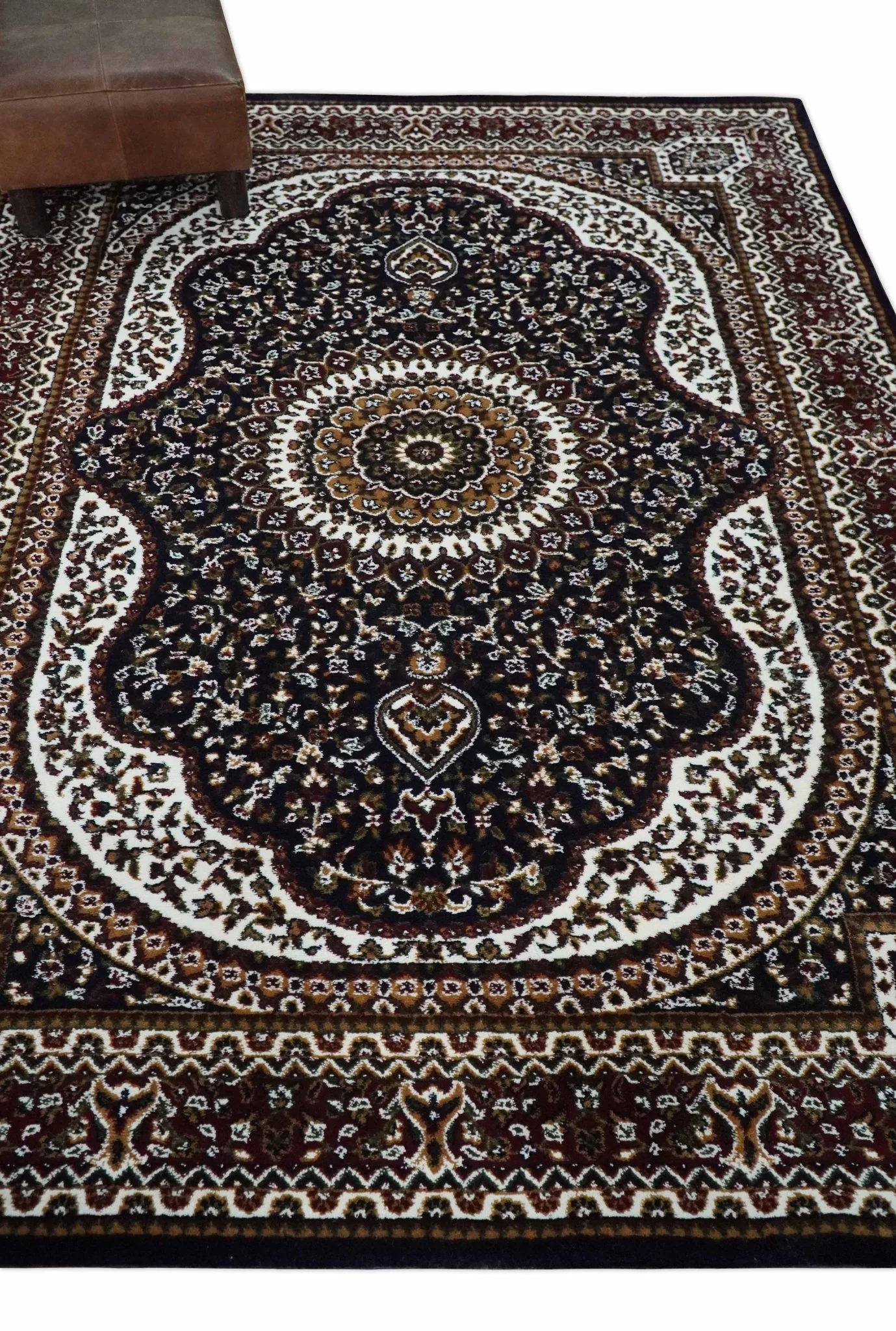 Premium Look 5x7 Black, Ivory and Brown Heriz Medallion Pattern Area Rug - Image 3