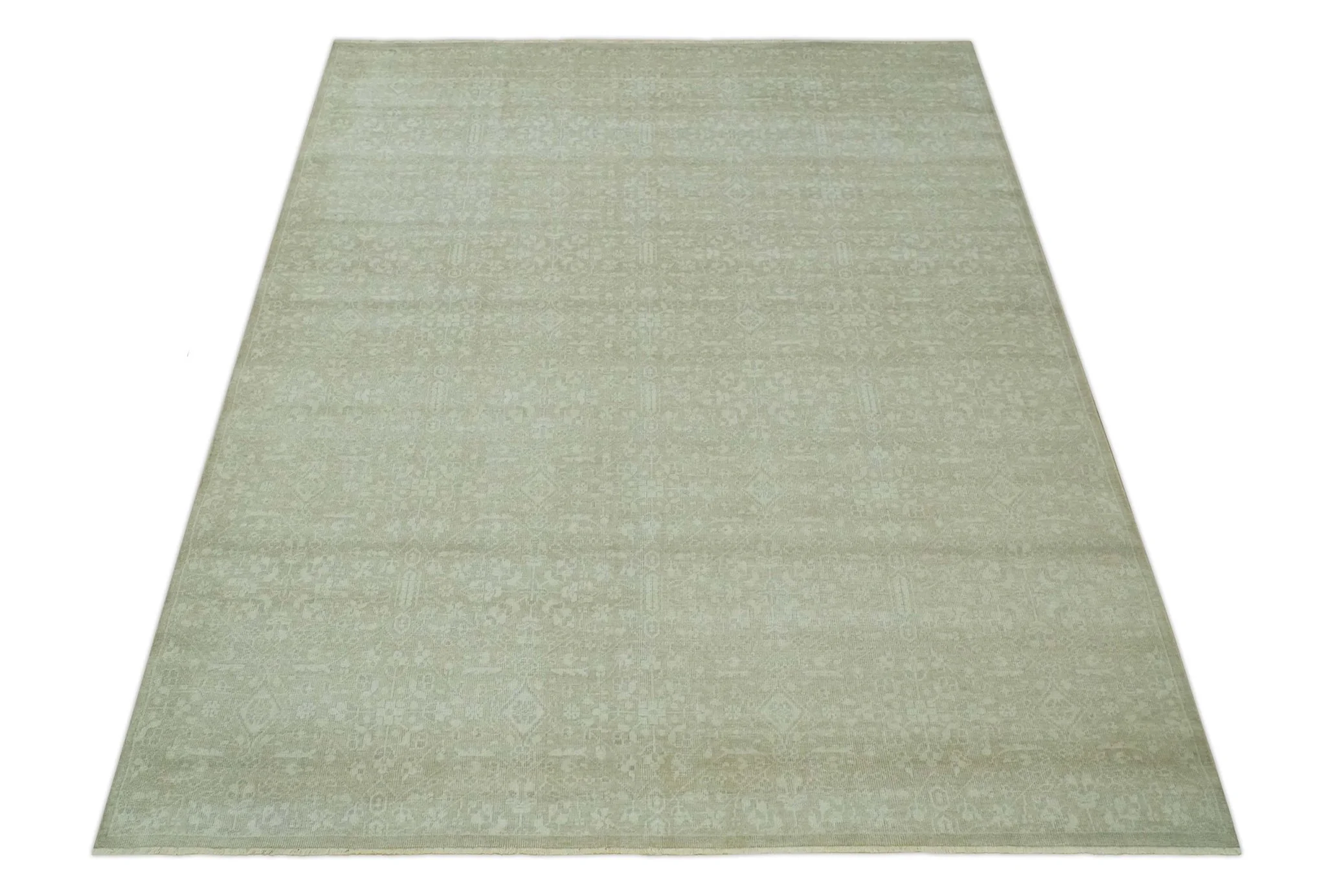 Fine Antique Design Ivory and light Olive Traditional Hand Knotted 8x10 wool area Rug - Image 10