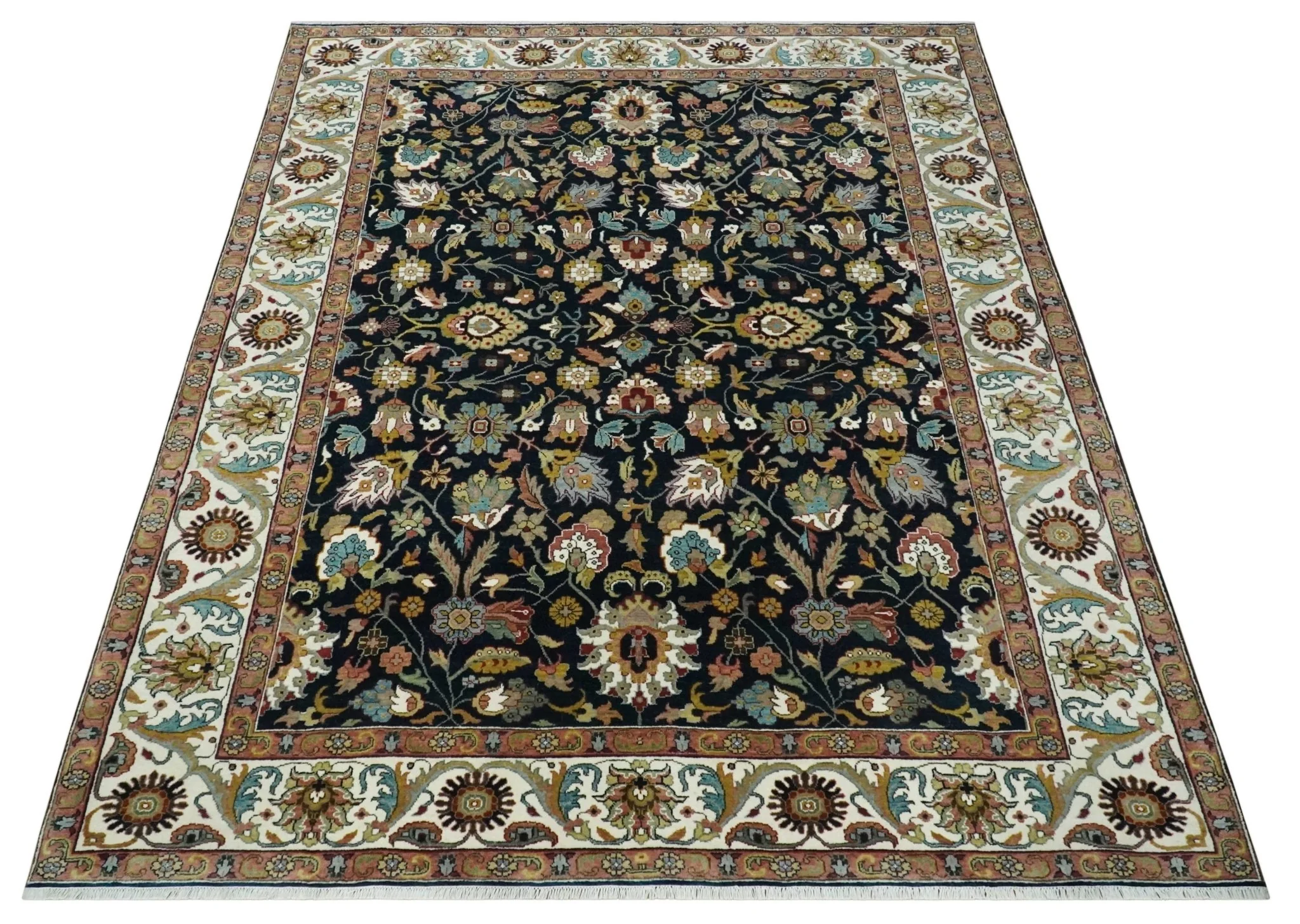 Fine Hand Knotted Black and Ivory 8x10 Traditional Wool Area Rug - Image 10