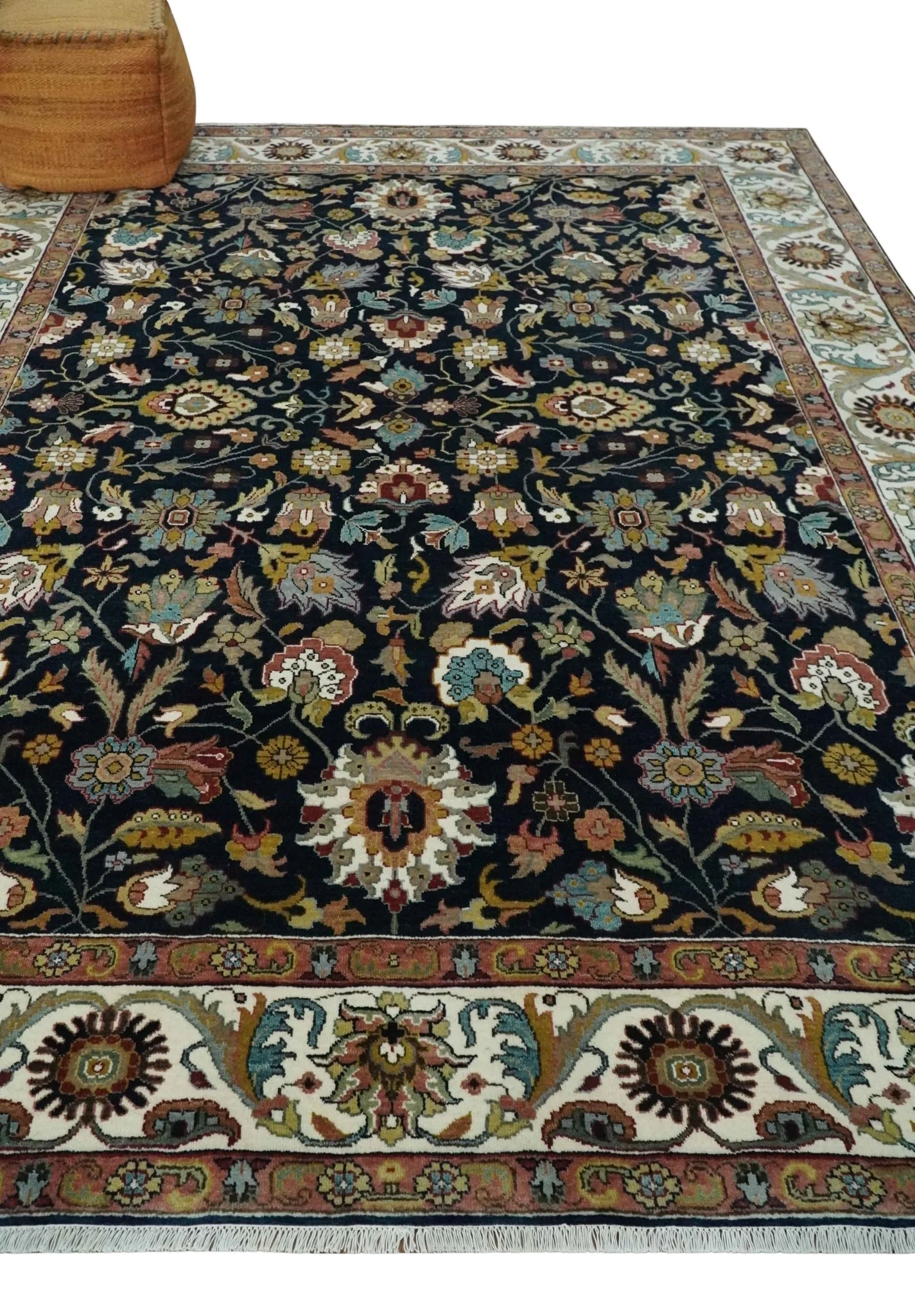 Fine Hand Knotted Black and Ivory 8x10 Traditional Wool Area Rug - Image 3