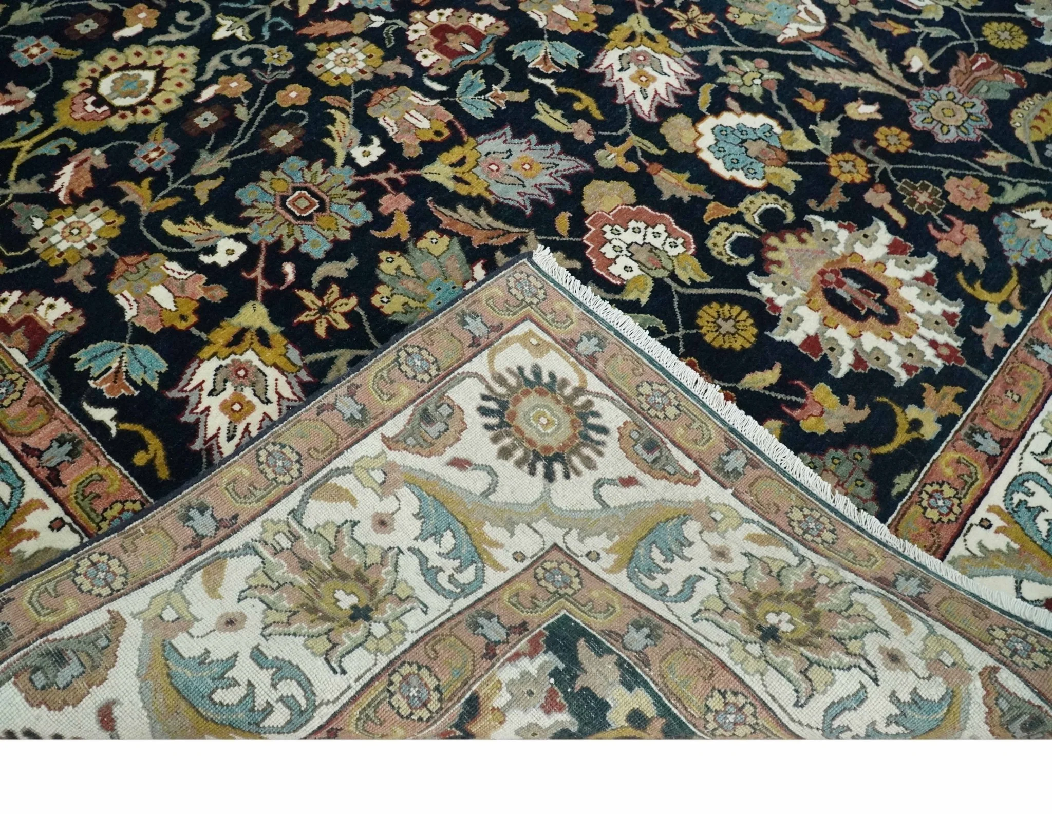 Fine Hand Knotted Black and Ivory 8x10 Traditional Wool Area Rug - Image 6