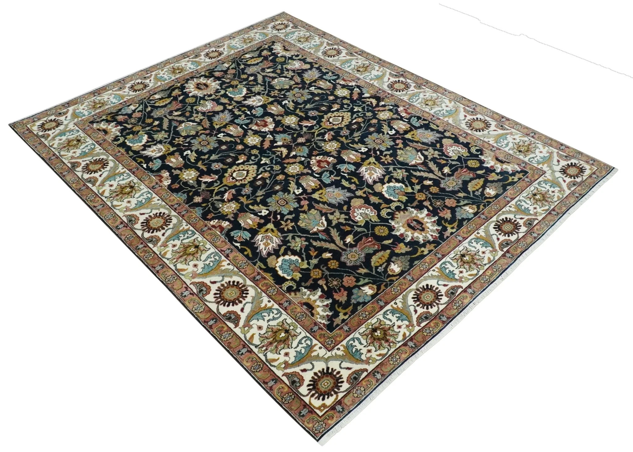 Fine Hand Knotted Black and Ivory 8x10 Traditional Wool Area Rug - Image 9