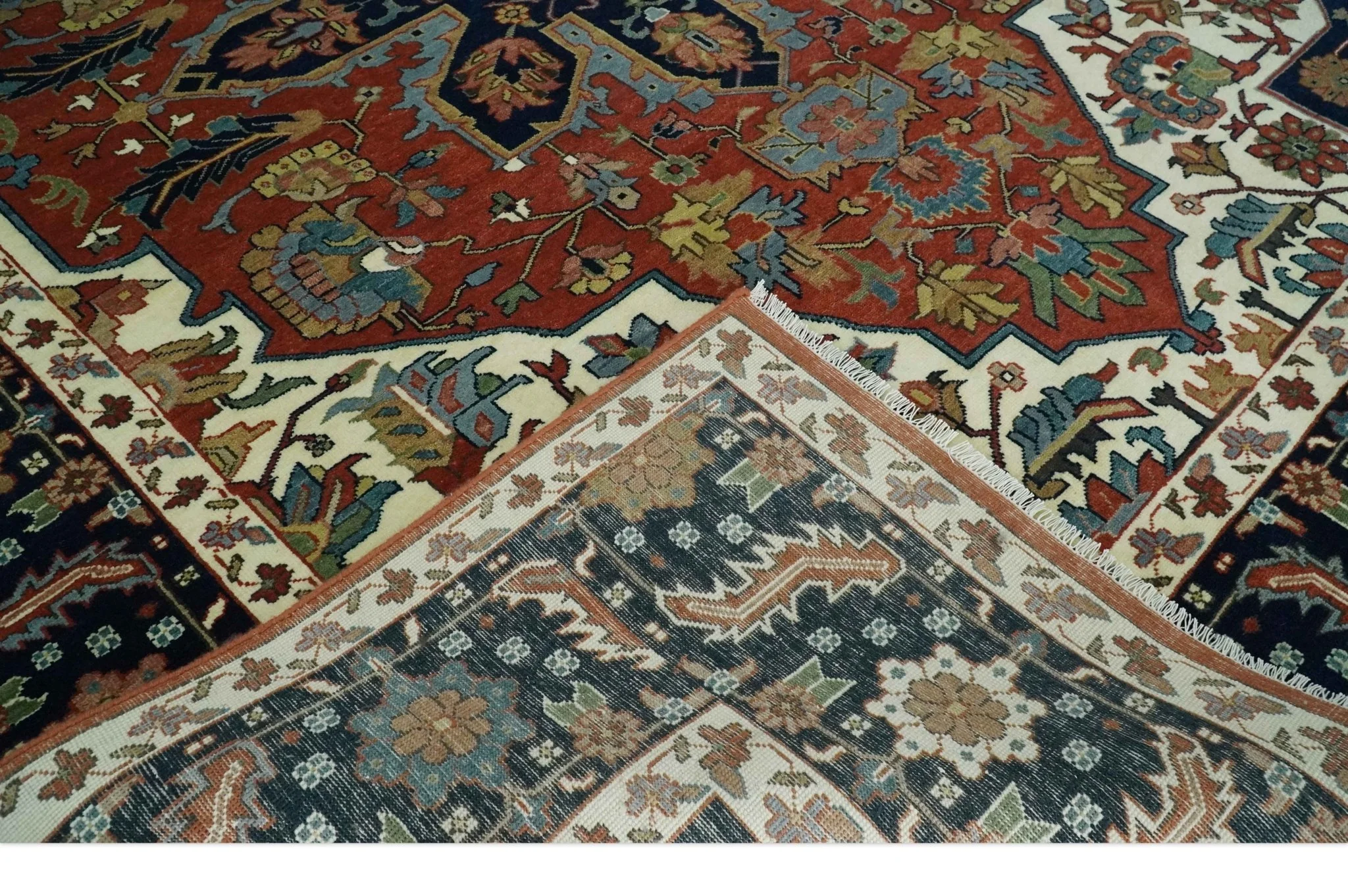 9x12 Premium Fine Hand Knotted Blue, Brown and Ivory Traditional wool Area Rug - Image 6