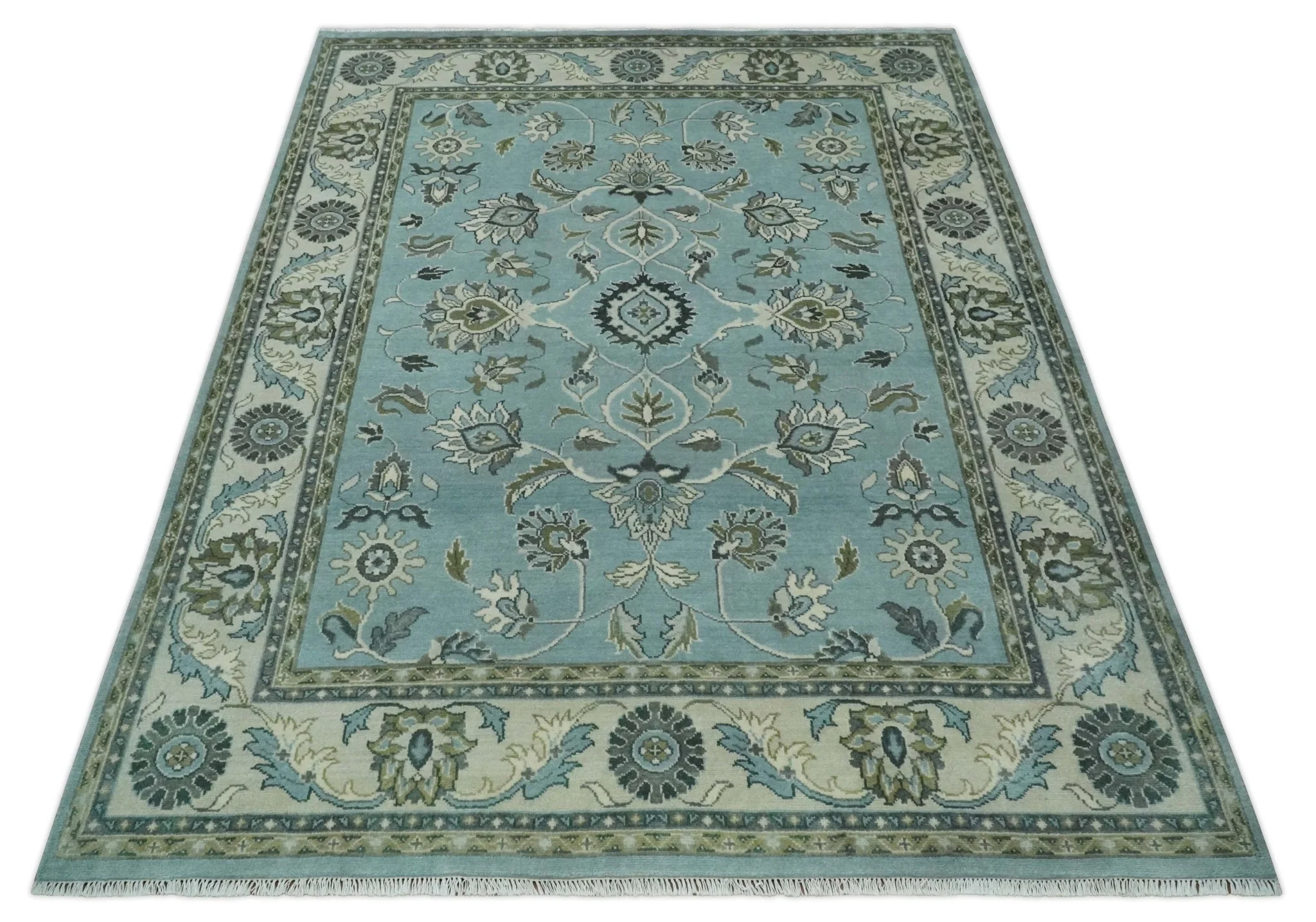 8x10 Premium Blue, Ivory and Green Traditional Floral Hand knotted wool Area Rug - Image 11