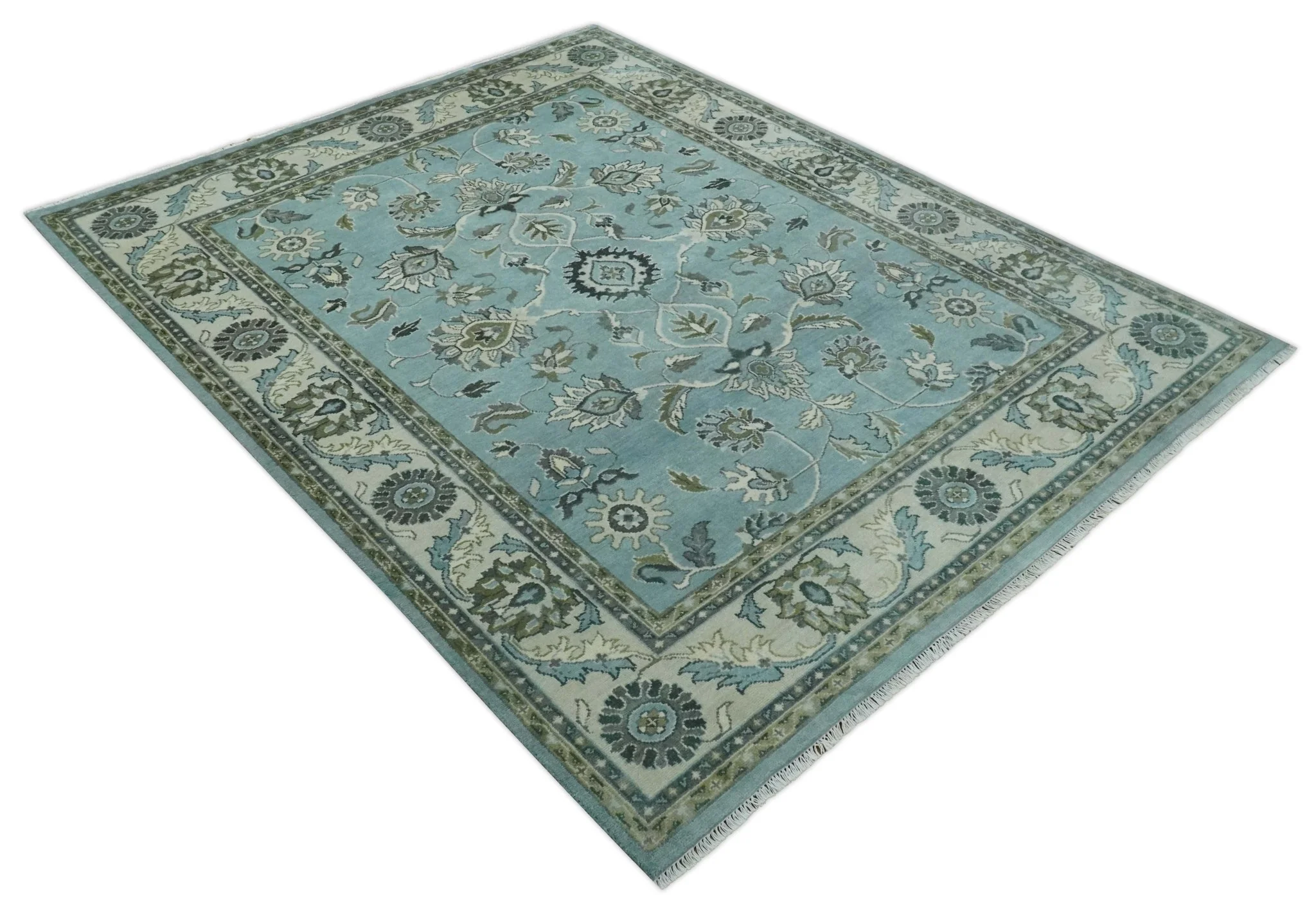 8x10 Premium Blue, Ivory and Green Traditional Floral Hand knotted wool Area Rug - Image 12