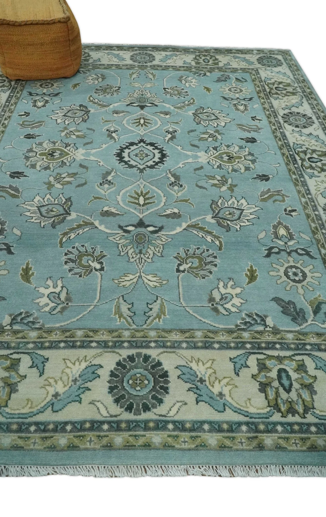 8x10 Premium Blue, Ivory and Green Traditional Floral Hand knotted wool Area Rug - Image 3