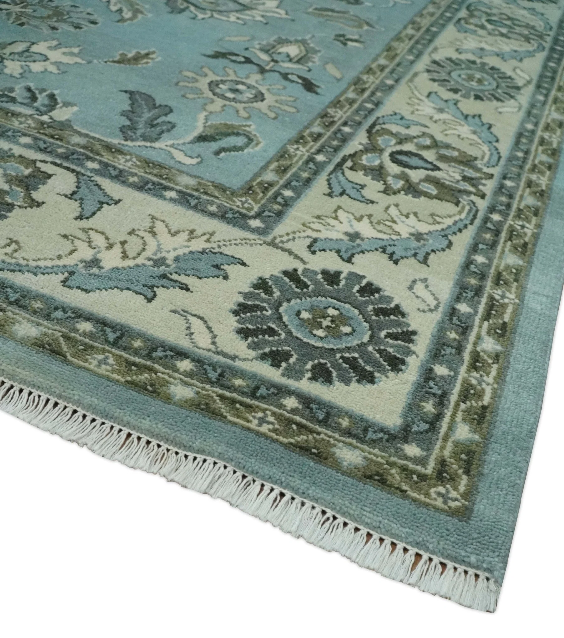 8x10 Premium Blue, Ivory and Green Traditional Floral Hand knotted wool Area Rug - Image 5