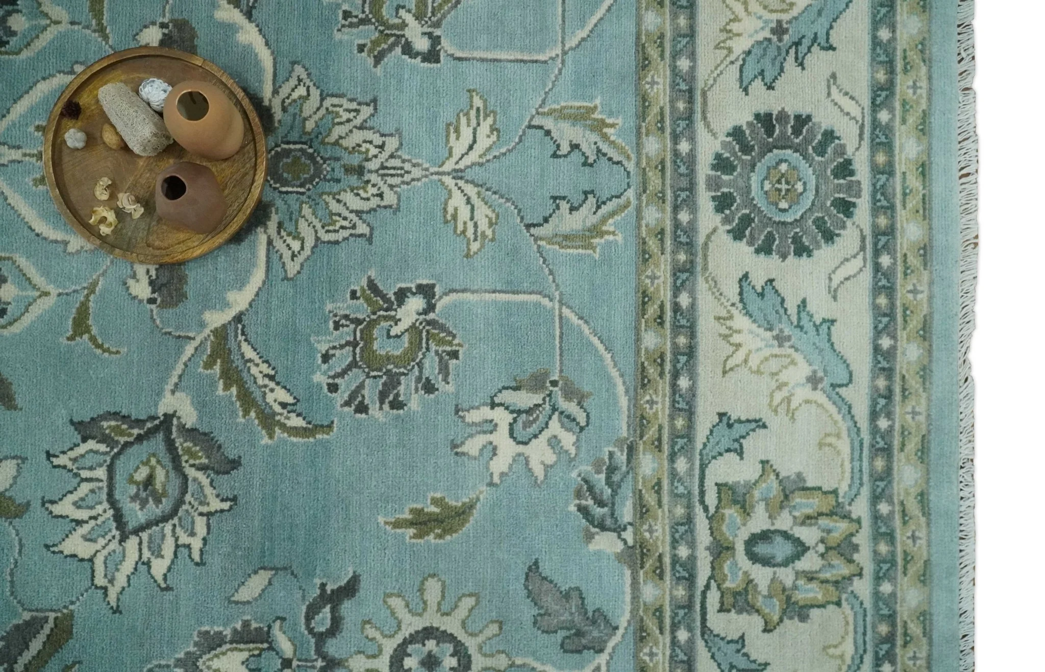8x10 Premium Blue, Ivory and Green Traditional Floral Hand knotted wool Area Rug - Image 6