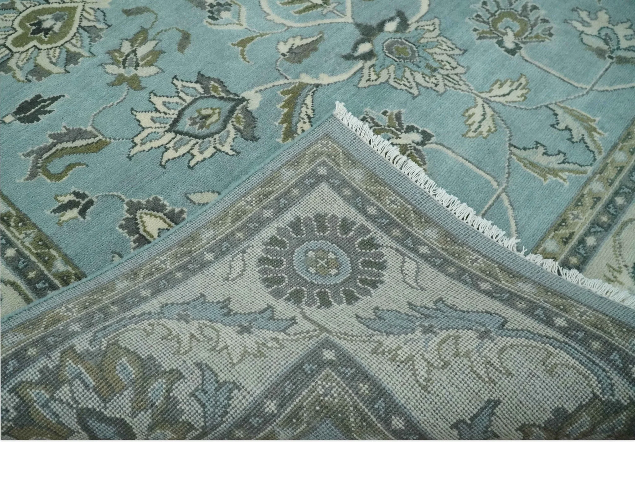 8x10 Premium Blue, Ivory and Green Traditional Floral Hand knotted wool Area Rug - Image 8
