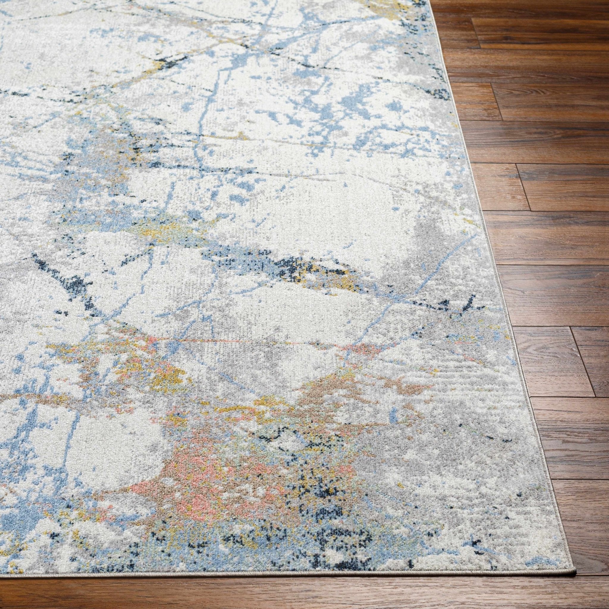 Premium Look Modern Abstract Silver, Light Gray and Blue Machine Washable Rugs - Image 5