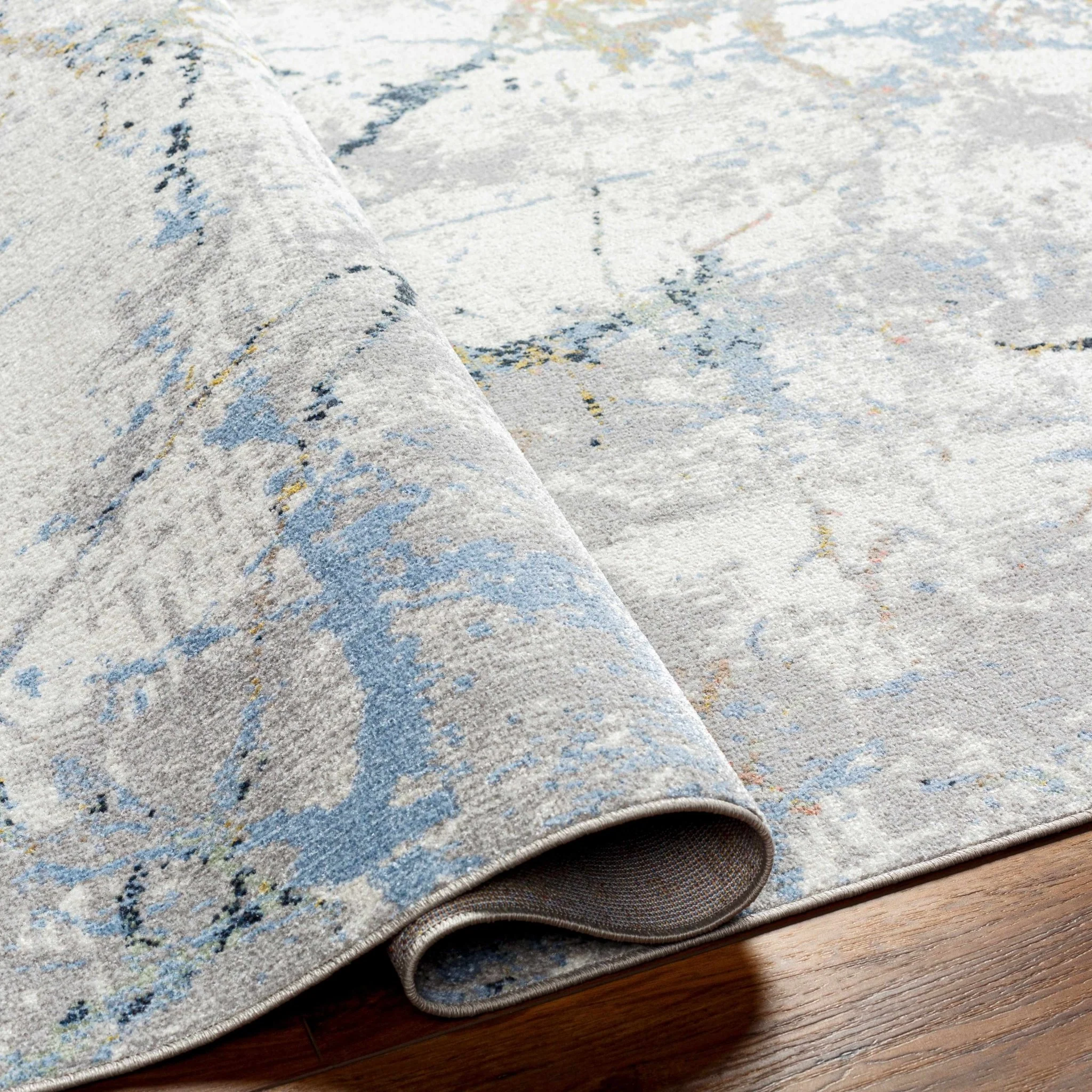 Premium Look Modern Abstract Silver, Light Gray and Blue Machine Washable Rugs - Image 6