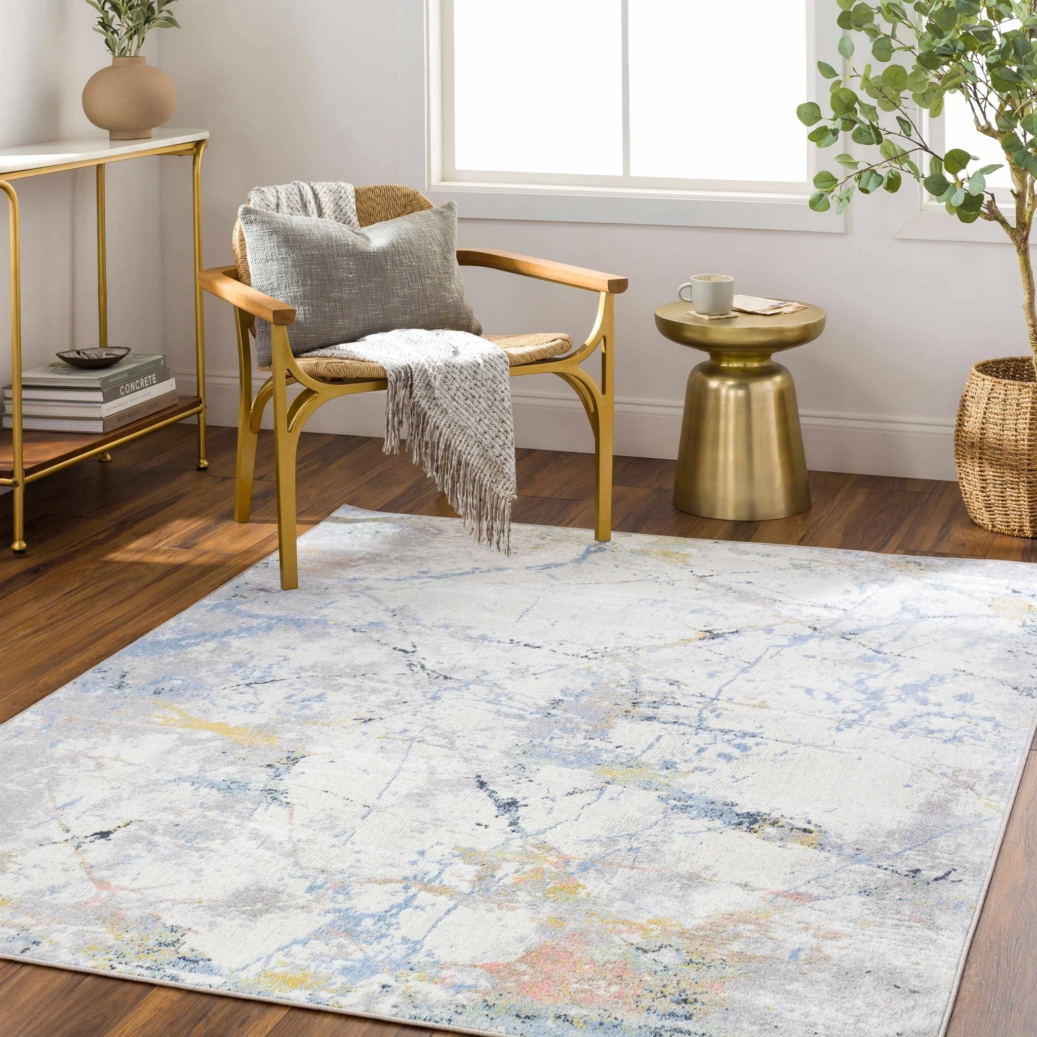 Premium Look Modern Abstract Silver, Light Gray and Blue Machine Washable Rugs - Image 8