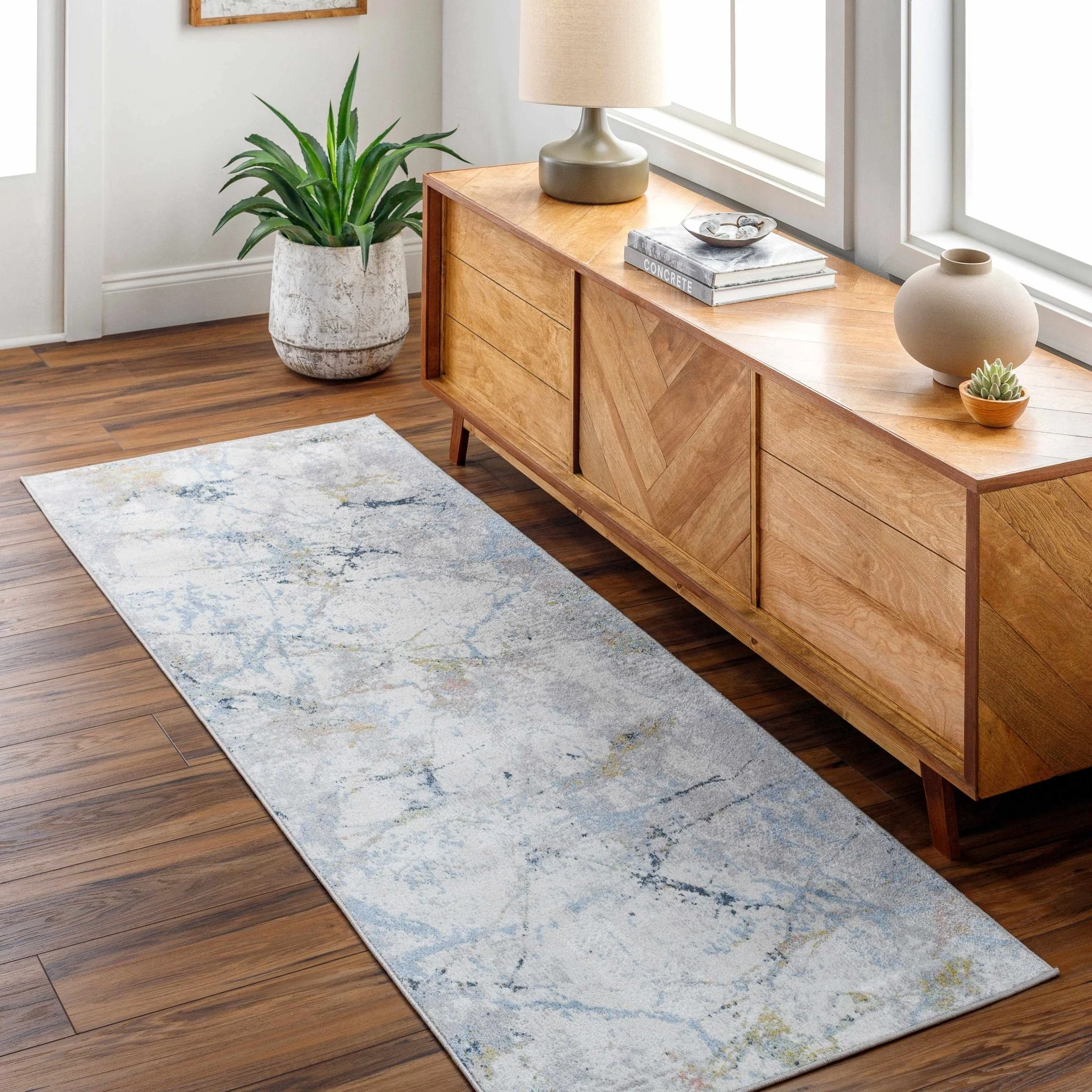 Premium Look Modern Abstract Silver, Light Gray and Blue Machine Washable Rugs - Image 9