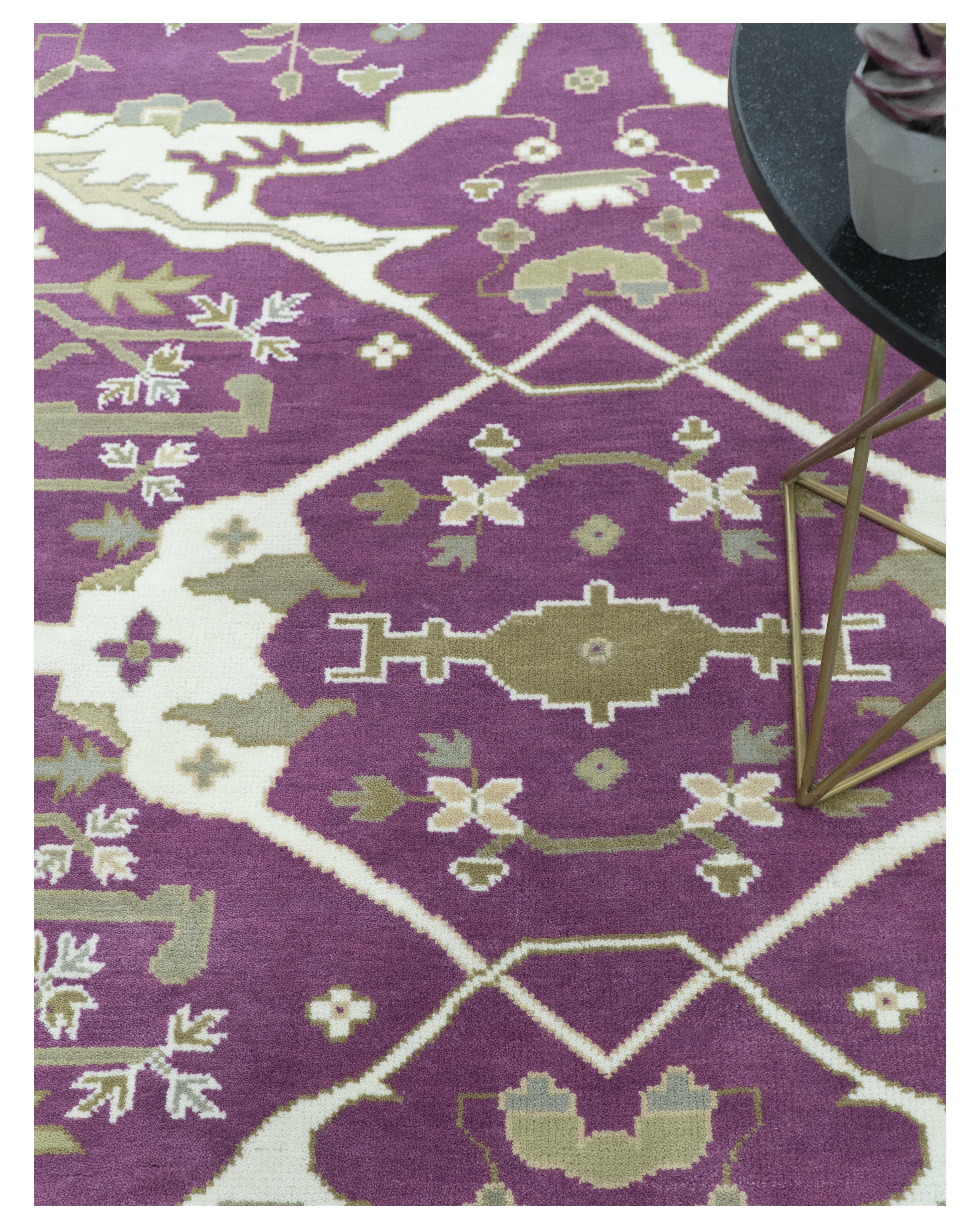 Purple, Ivory And Beige Traditional Oushak Design Hand Knotted 9x13 wool area rug - Image 3