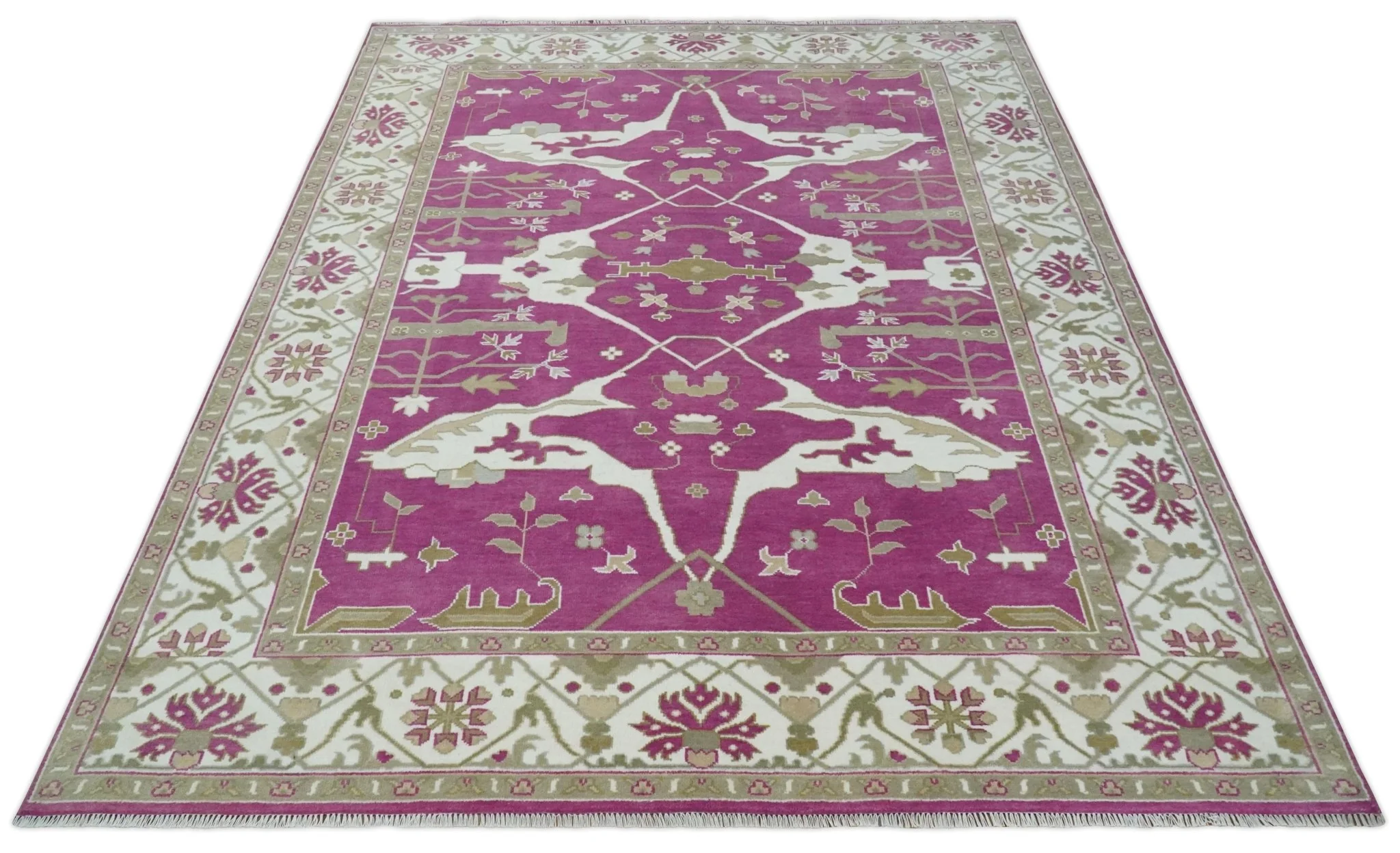 Purple, Ivory and Olive Traditional Hand knotted Oriental Oushak 9x12 wool Area Rug - Image 10