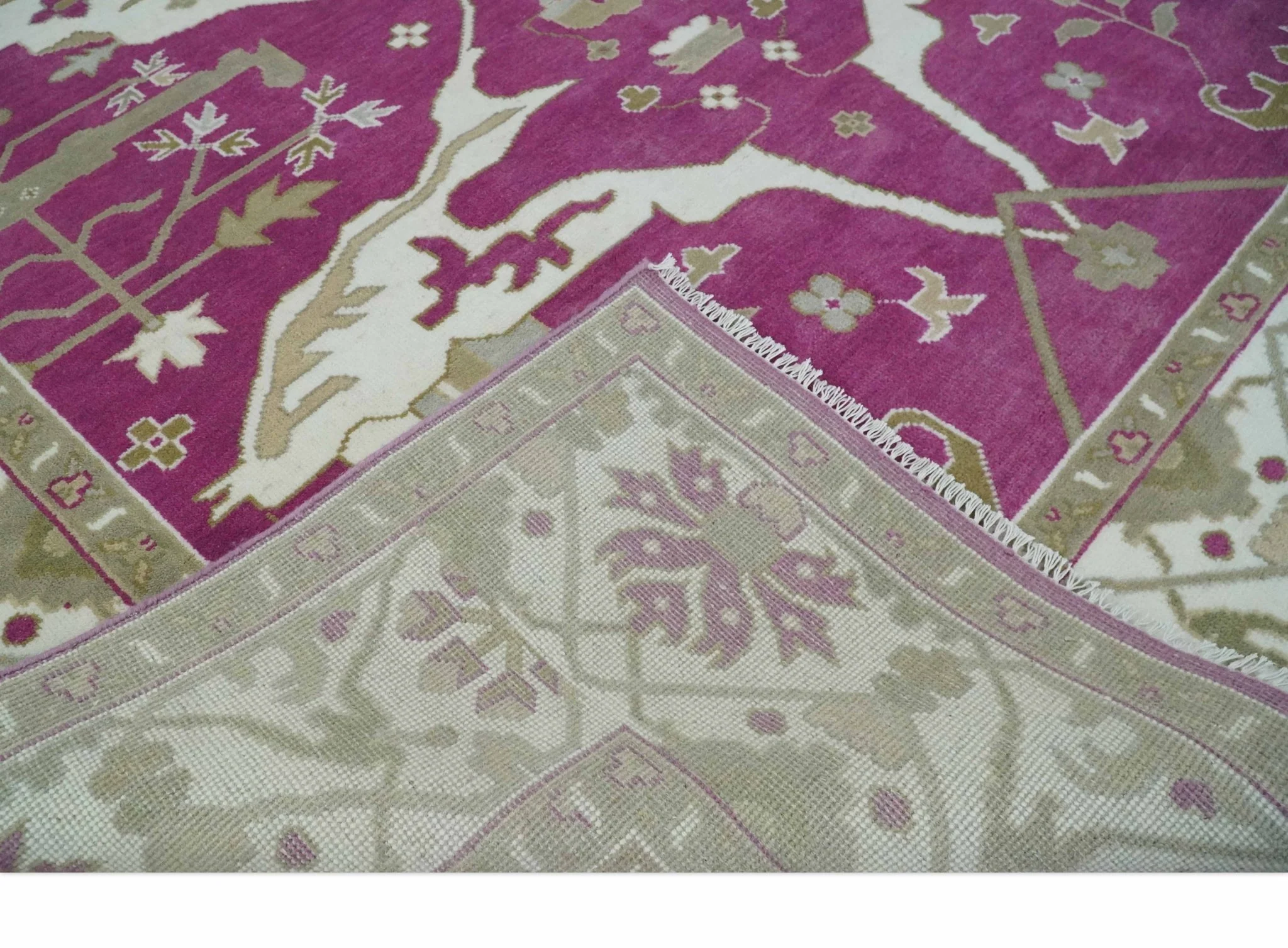 Purple, Ivory and Olive Traditional Hand knotted Oriental Oushak 9x12 wool Area Rug - Image 7