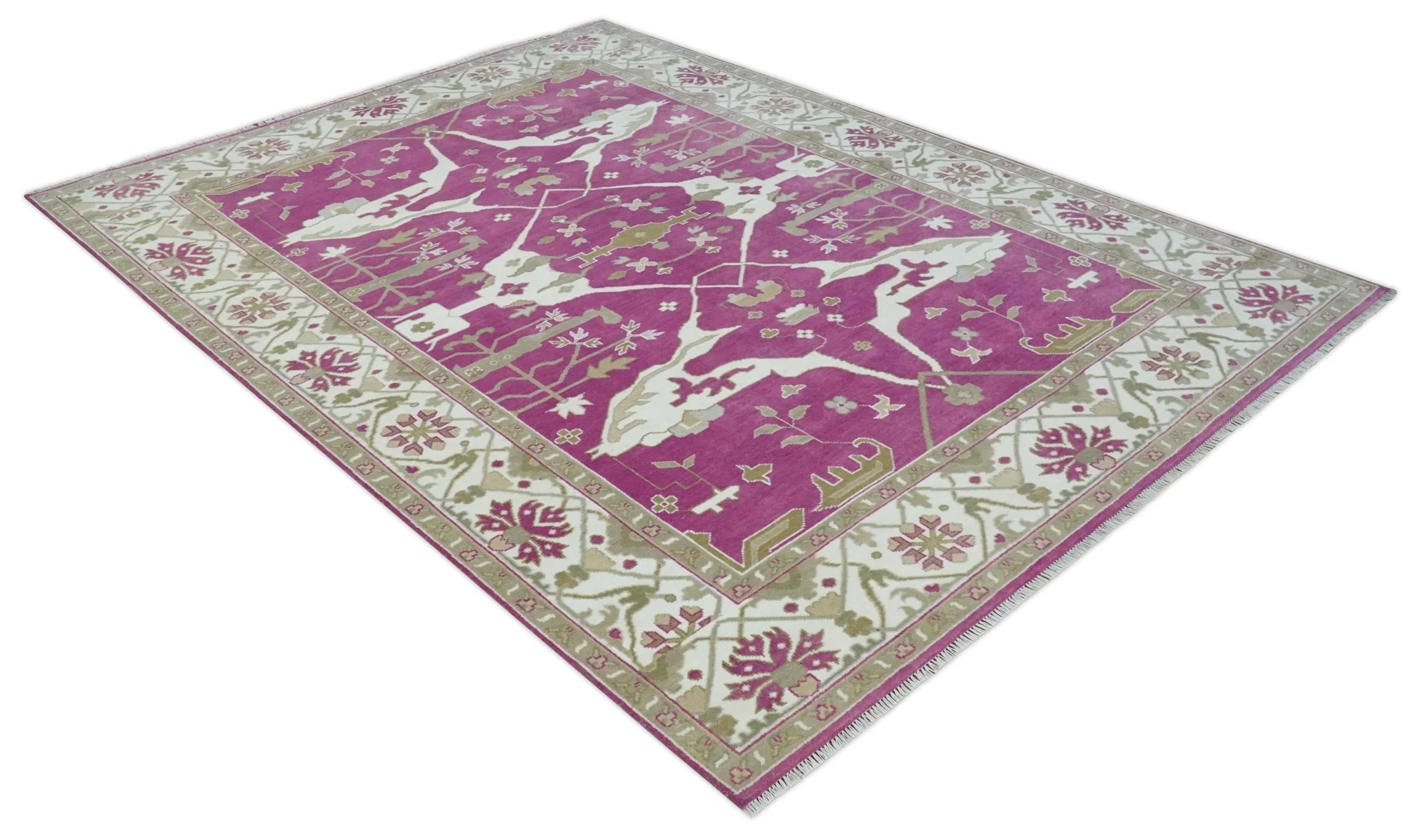 Purple, Ivory and Olive Traditional Hand knotted Oriental Oushak 9x12 wool Area Rug - Image 9