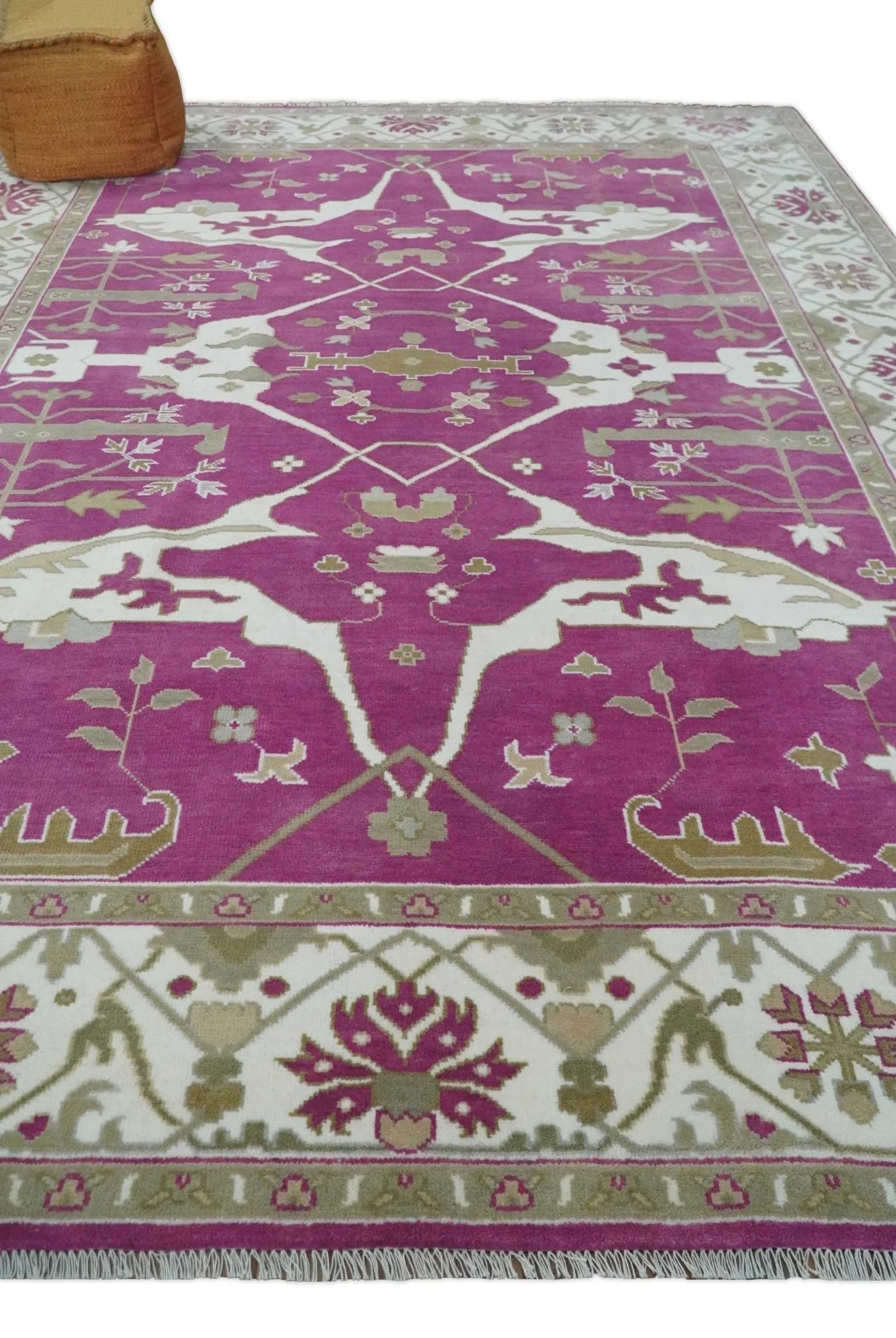 Purple, Ivory and Olive Traditional Hand knotted Oriental Oushak Multi Size wool Area Rug - Image 3
