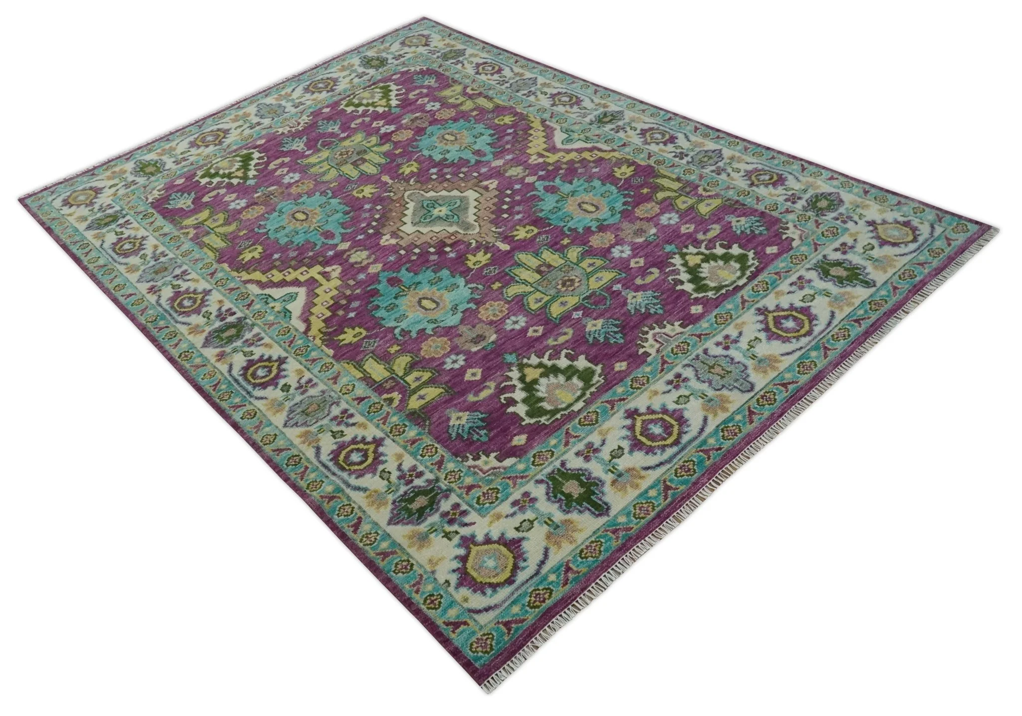 Purple, Ivory, Green and Aqua Hand Knotted Traditional Oushak 9x12 wool Area Rug - Image 10