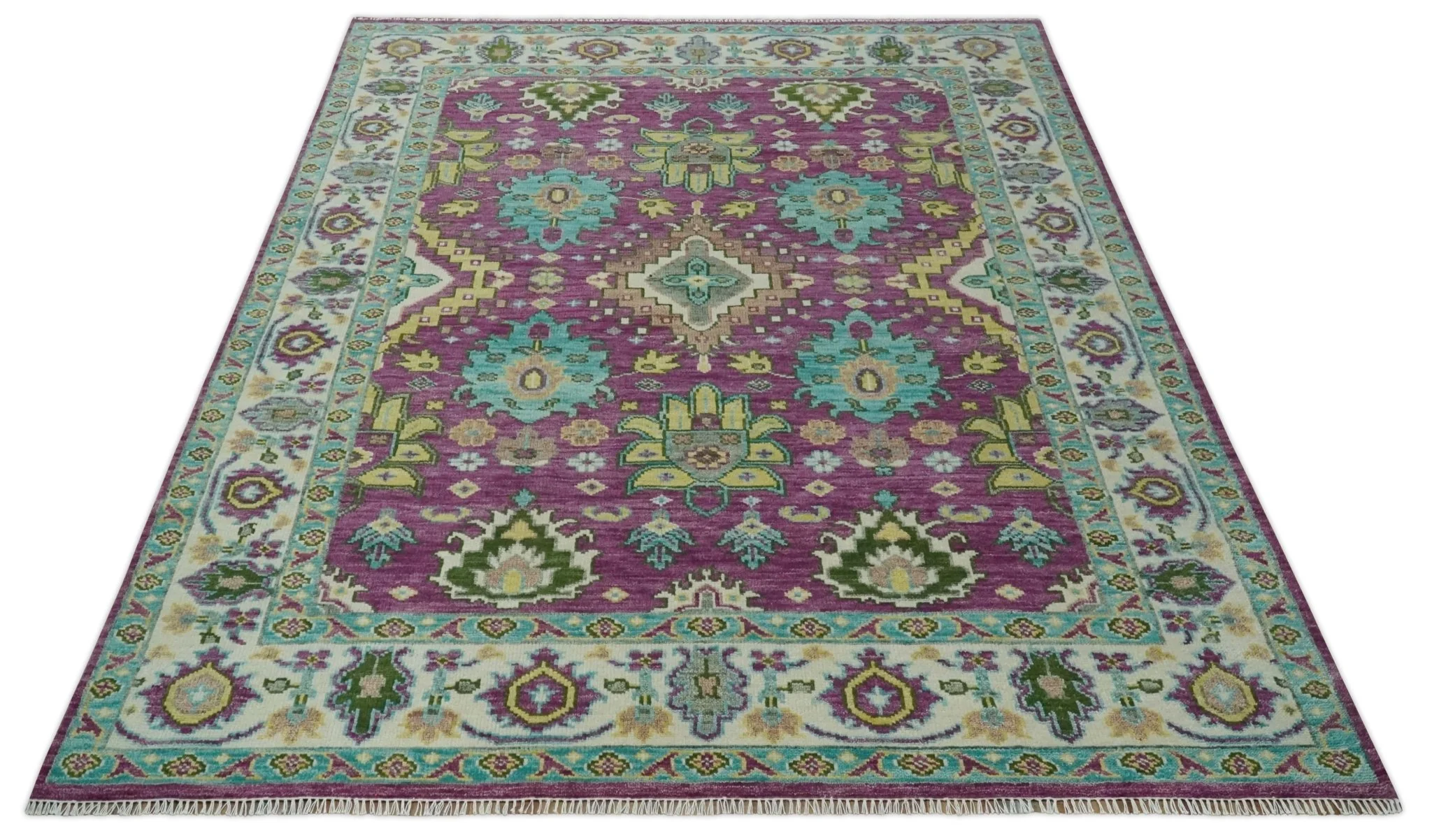 Purple, Ivory, Green and Aqua Hand Knotted Traditional Oushak 9x12 wool Area Rug - Image 11