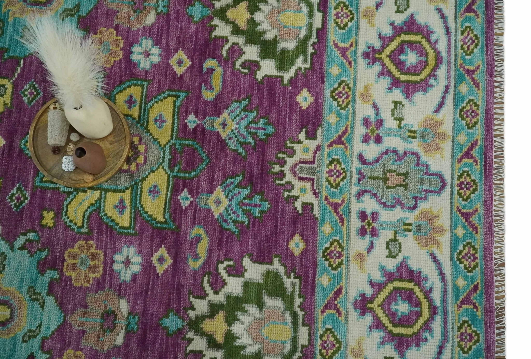 Purple, Ivory, Green and Aqua Hand Knotted Traditional Oushak 9x12 wool Area Rug - Image 12