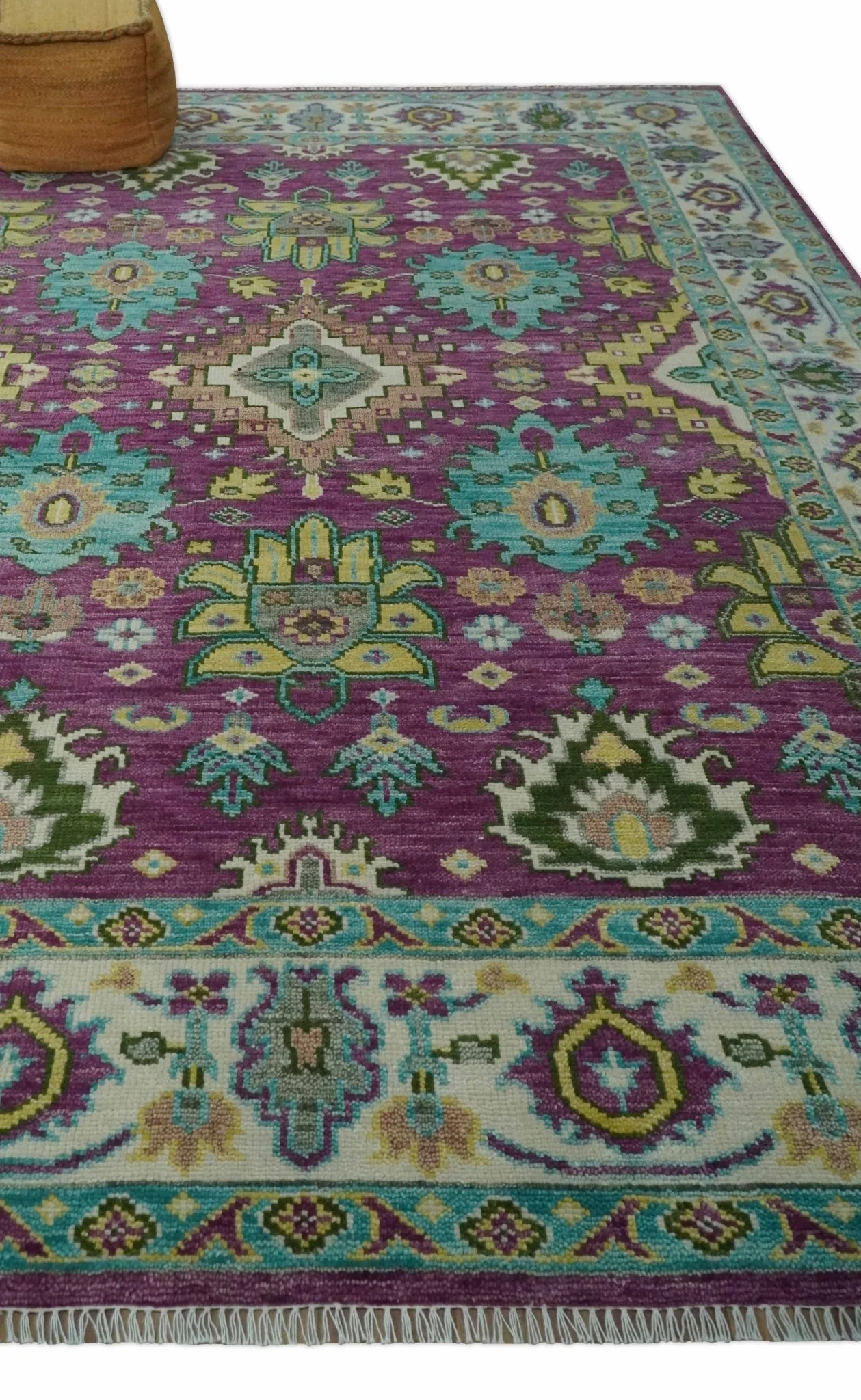 Purple, Ivory, Green and Aqua Hand Knotted Traditional Oushak 9x12 wool Area Rug - Image 3