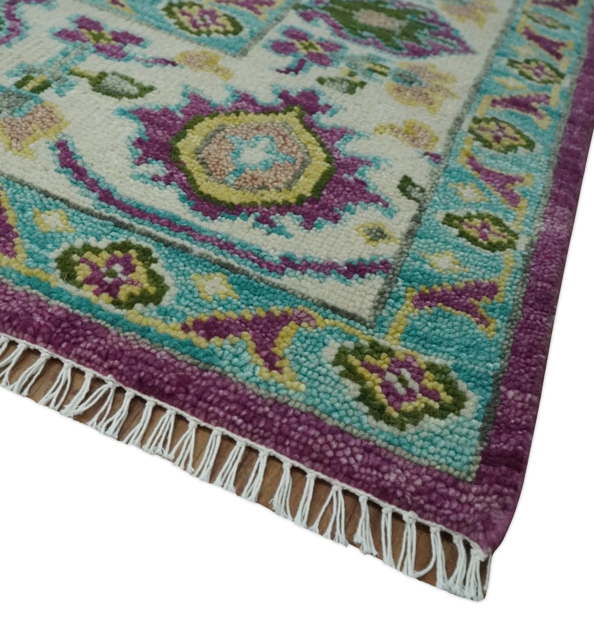 Purple, Ivory, Green and Aqua Hand Knotted Traditional Oushak 9x12 wool Area Rug - Image 5