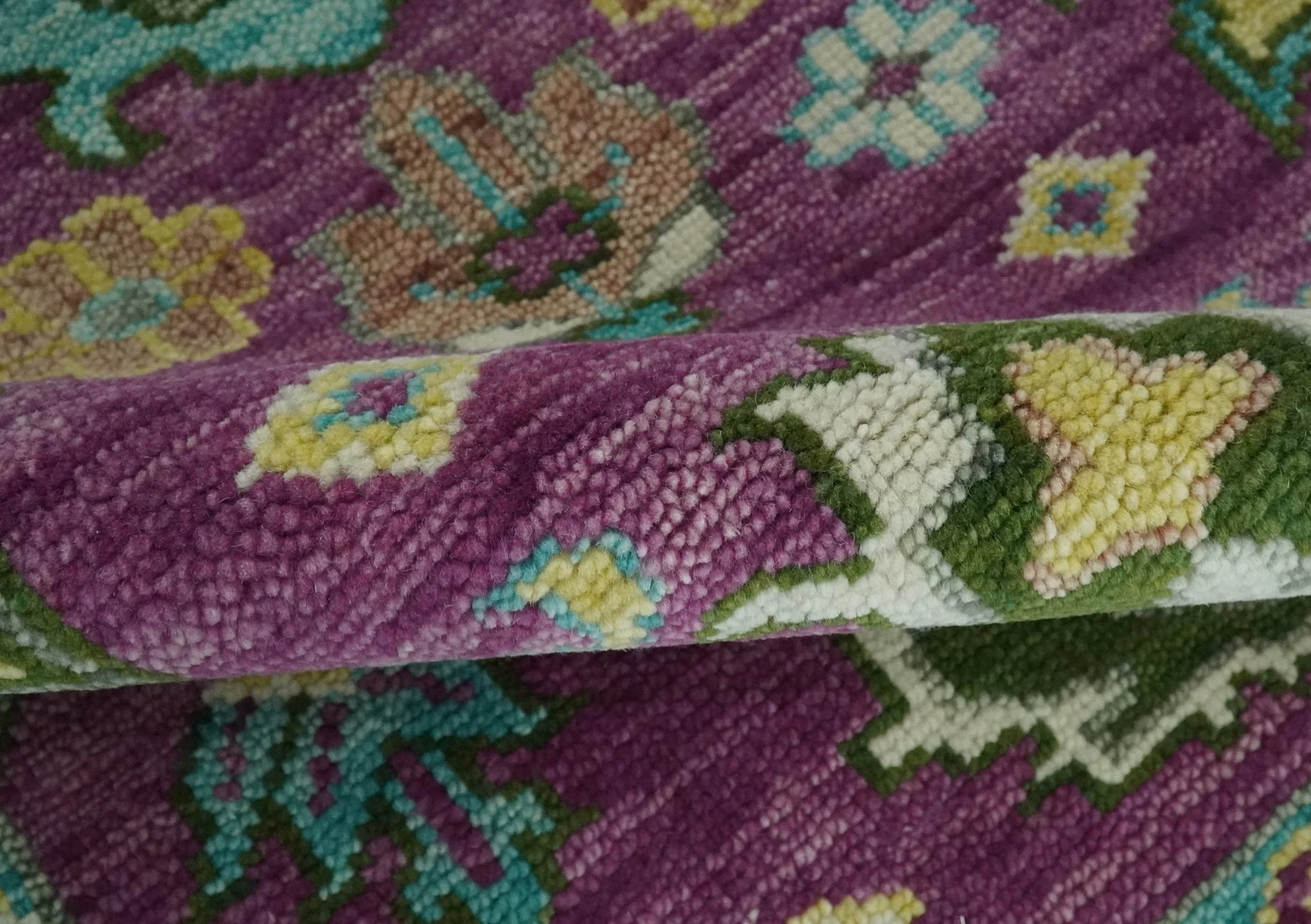 Purple, Ivory, Green and Aqua Hand Knotted Traditional Oushak 9x12 wool Area Rug - Image 6