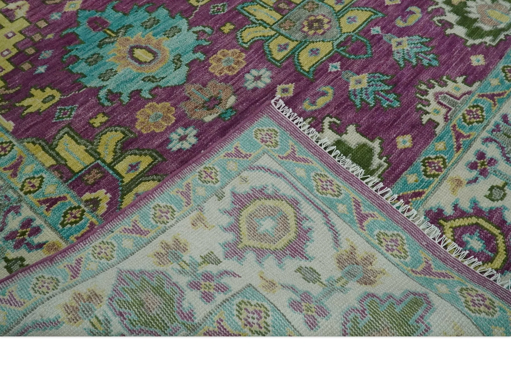 Purple, Ivory, Green and Aqua Hand Knotted Traditional Oushak 9x12 wool Area Rug - Image 7