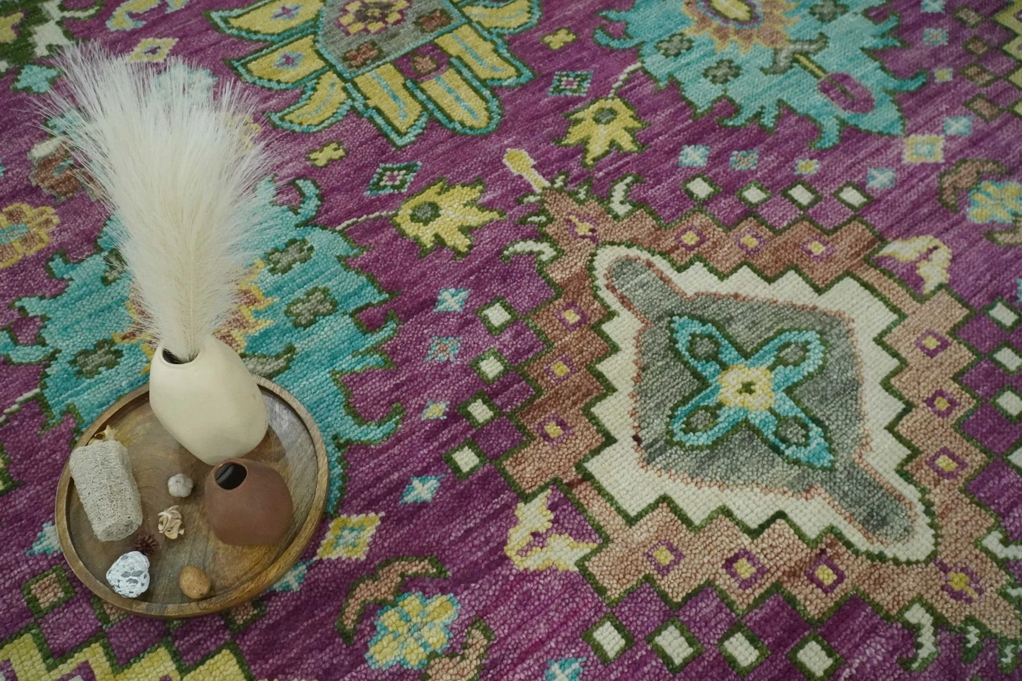 Purple, Ivory, Green and Aqua Hand Knotted Traditional Oushak 9x12 wool Area Rug - Image 8