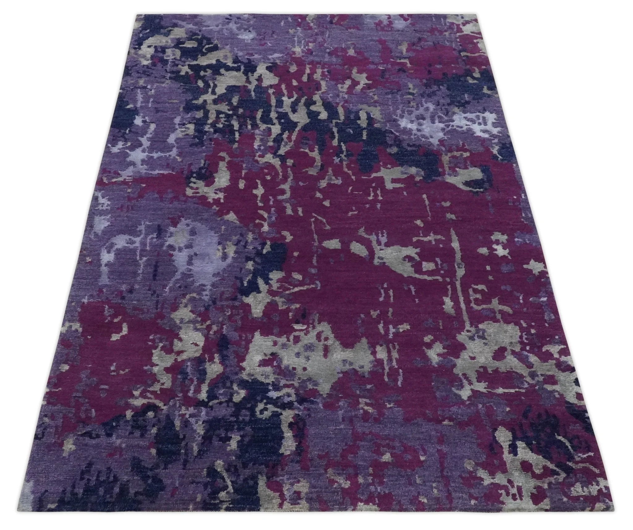 Purple, Violet, Gray and Blue Hand Knotted 4x6 Abstract Wool and Viscose Area Rug - Image 10