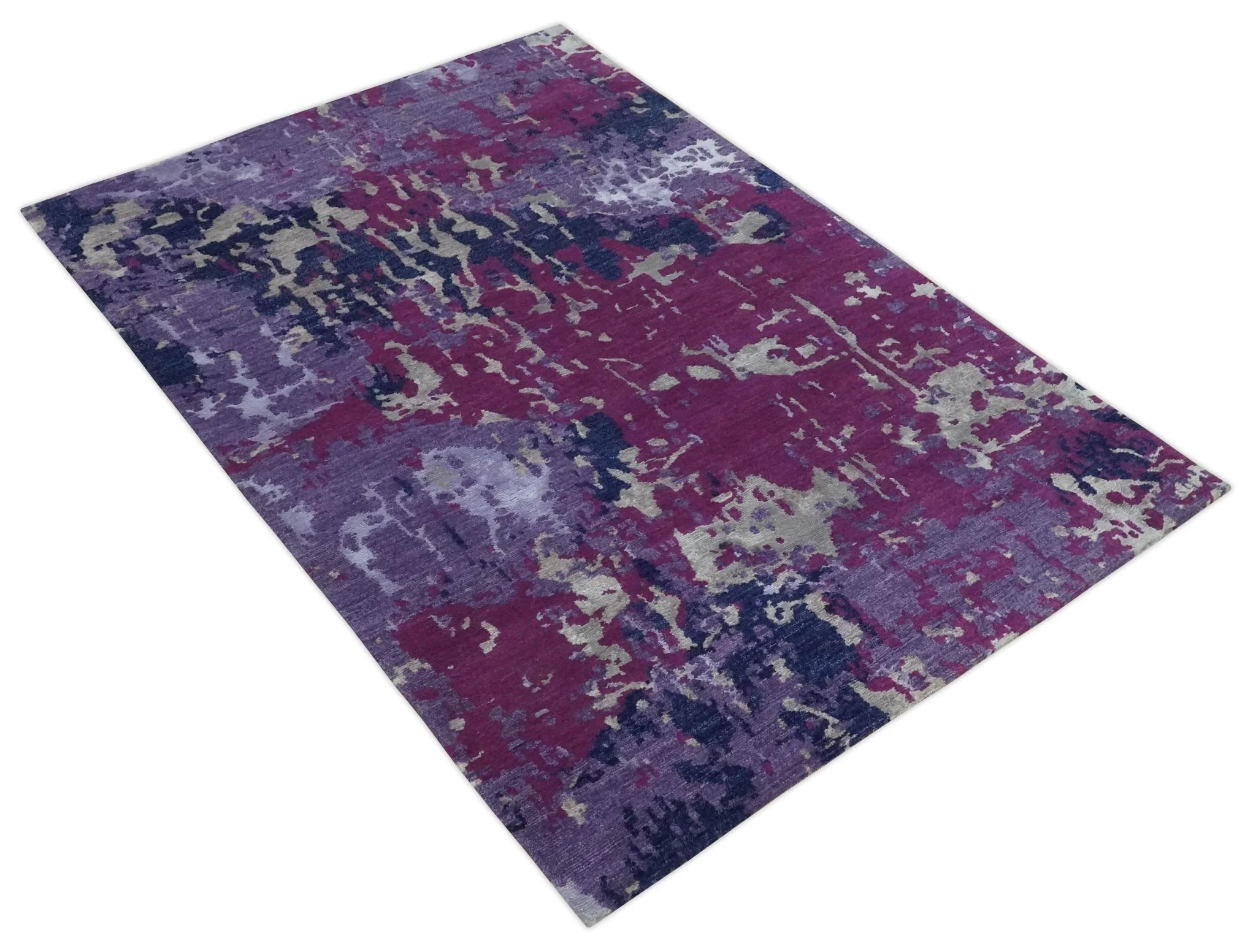 Purple, Violet, Gray and Blue Hand Knotted 4x6 Abstract Wool and Viscose Area Rug - Image 11