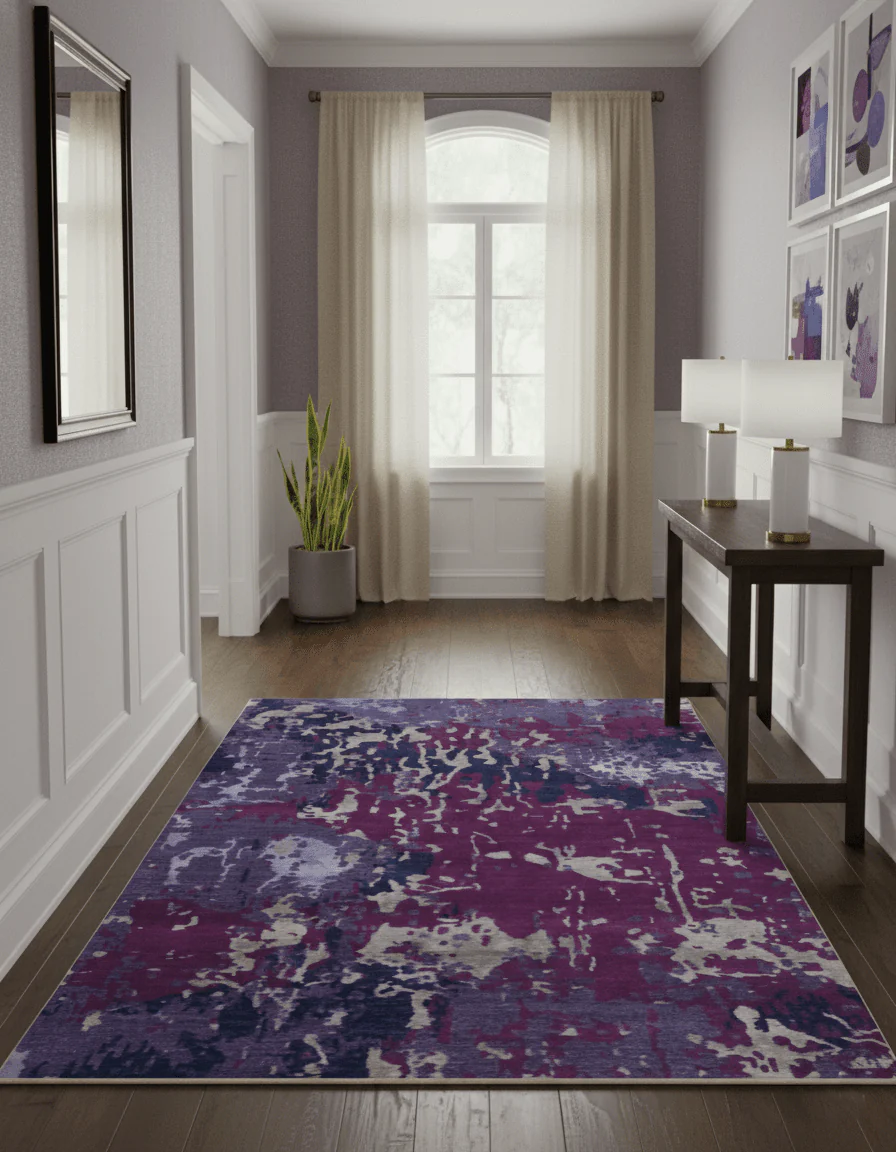 Purple, Violet, Gray and Blue Hand Knotted 4x6 Abstract Wool and Viscose Area Rug - Image 2