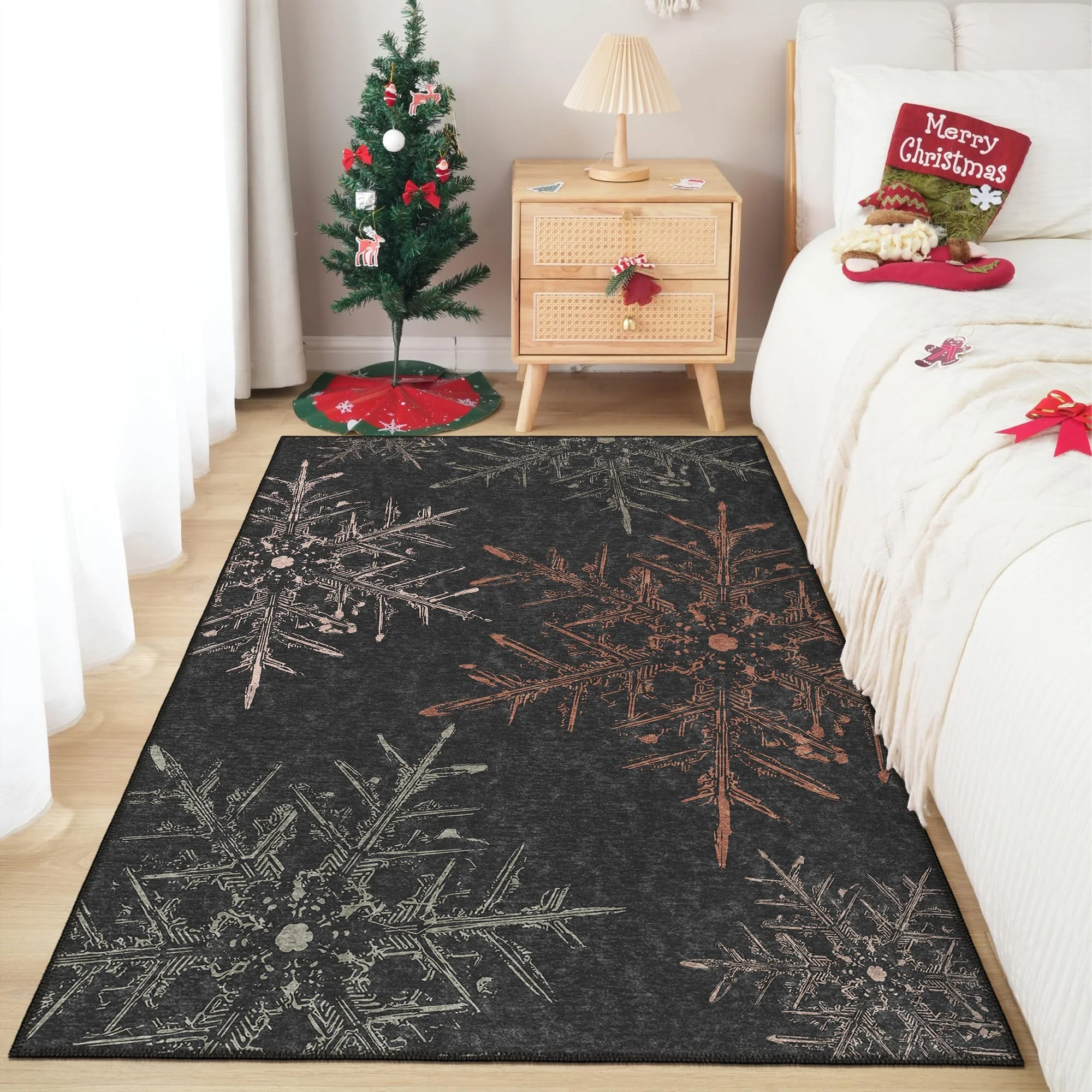 Ravune Christmas Black Machine Washable Cotton Area Rug - Image 5