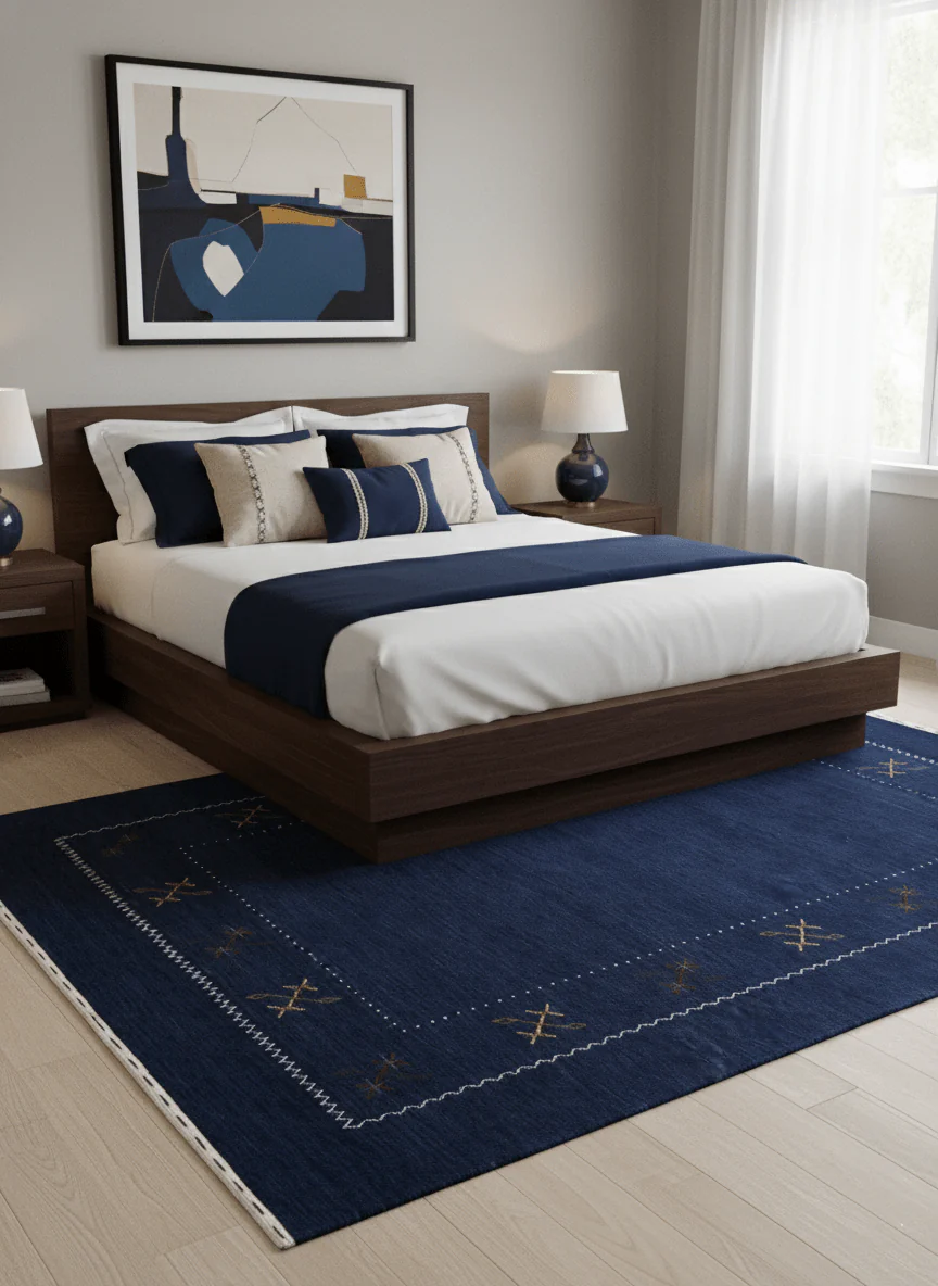 Blue Tribal Border Design Hand Loomed Wool Area Rug - Image 2