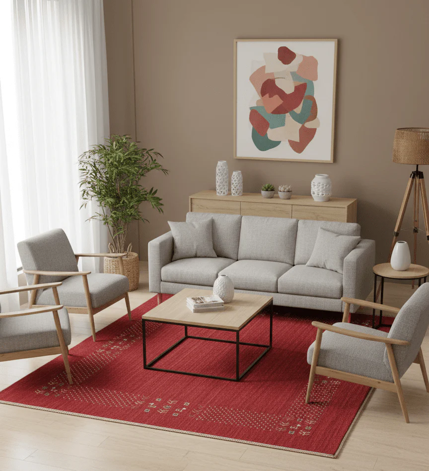 Red Contemporary Border Motifs Hand Loomed Wool Area Rug - Image 2