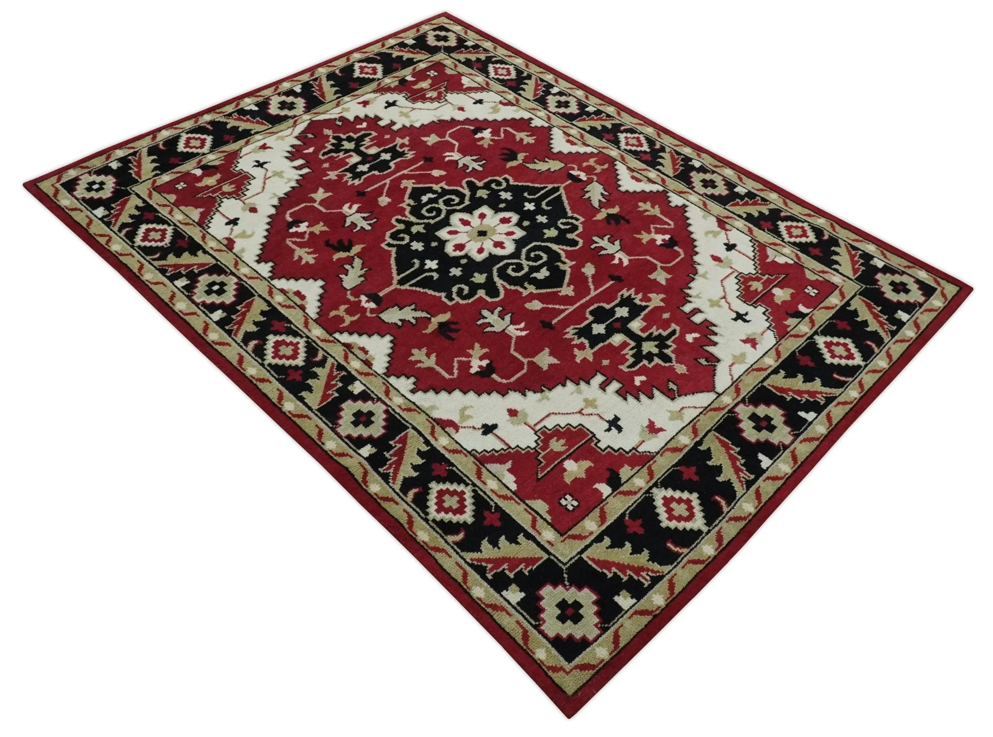 Red, Ivory, Black and Beige 8x10 Hand Knotted Traditional Heriz wool Rug - Image 10
