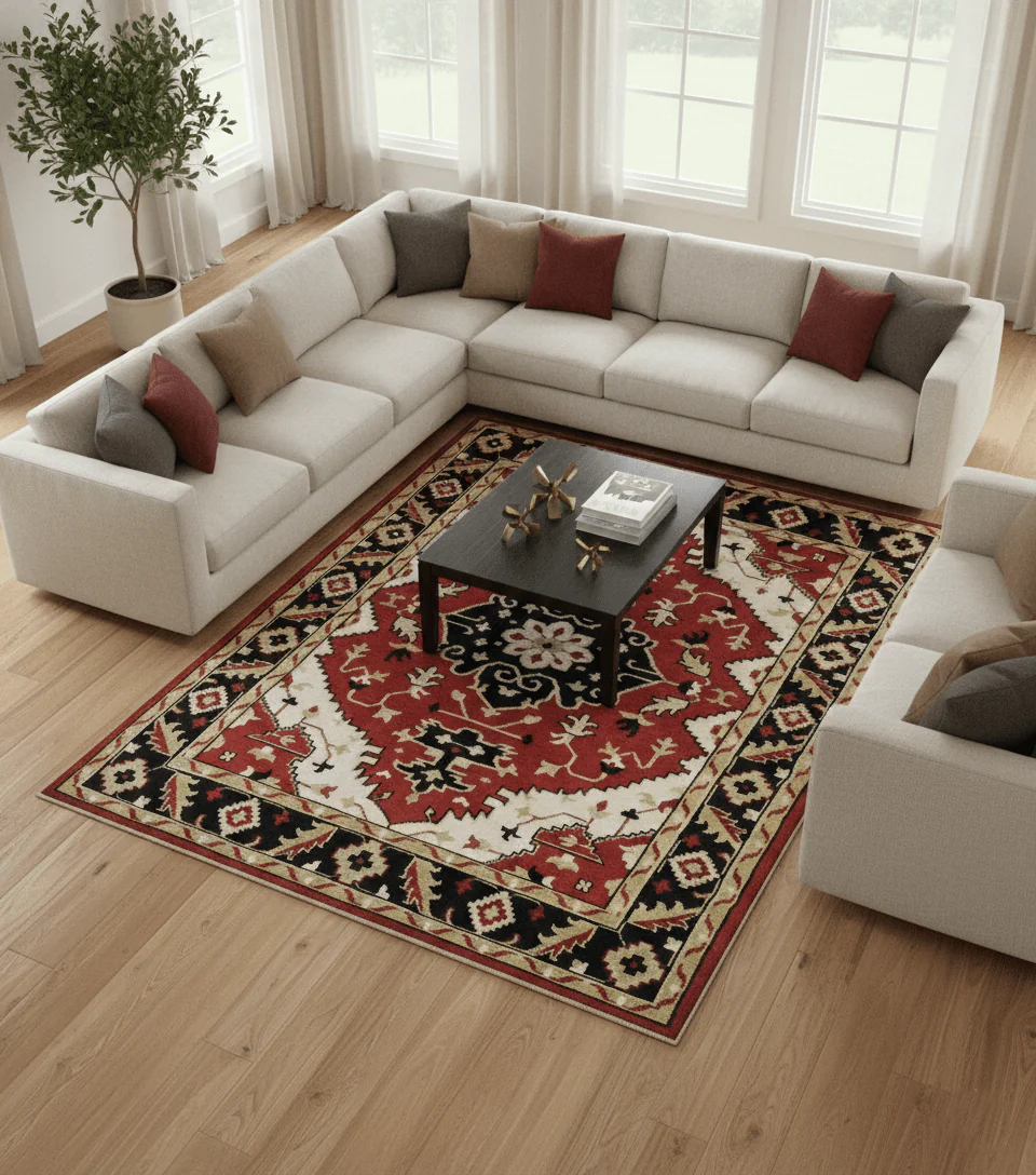 Red, Ivory, Black and Beige 8x10 Hand Knotted Traditional Heriz wool Rug - Image 2