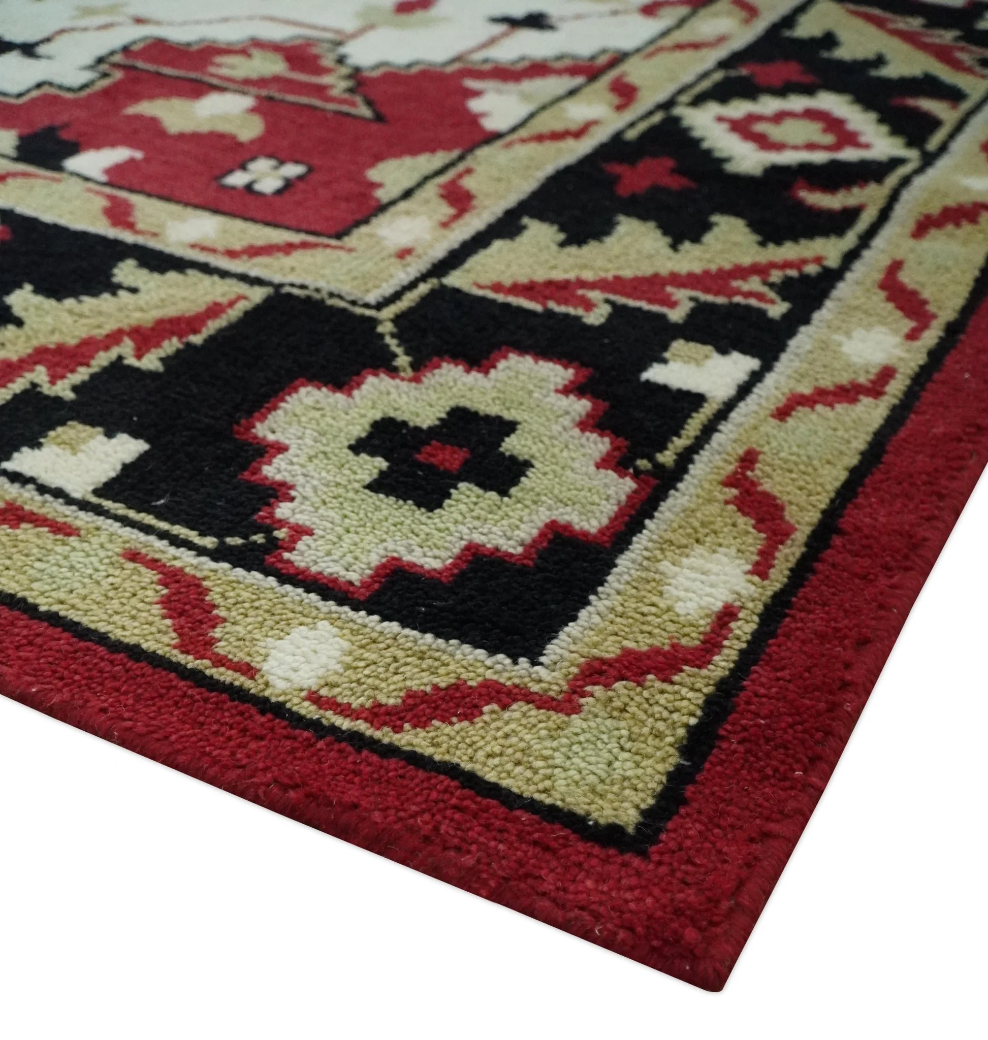 Red, Ivory, Black and Beige 8x10 Hand Knotted Traditional Heriz wool Rug - Image 6