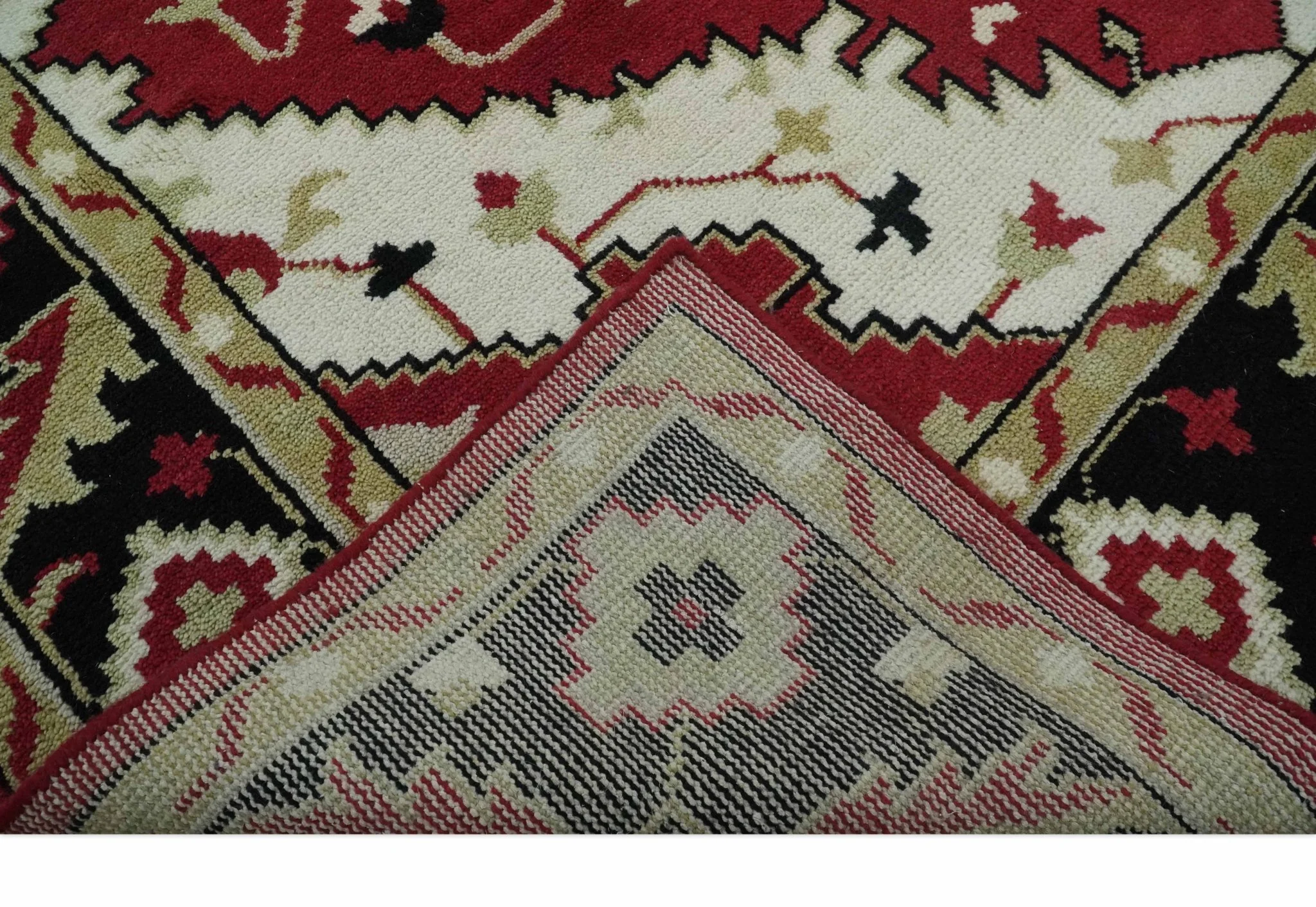 Red, Ivory, Black and Beige 8x10 Hand Knotted Traditional Heriz wool Rug - Image 8